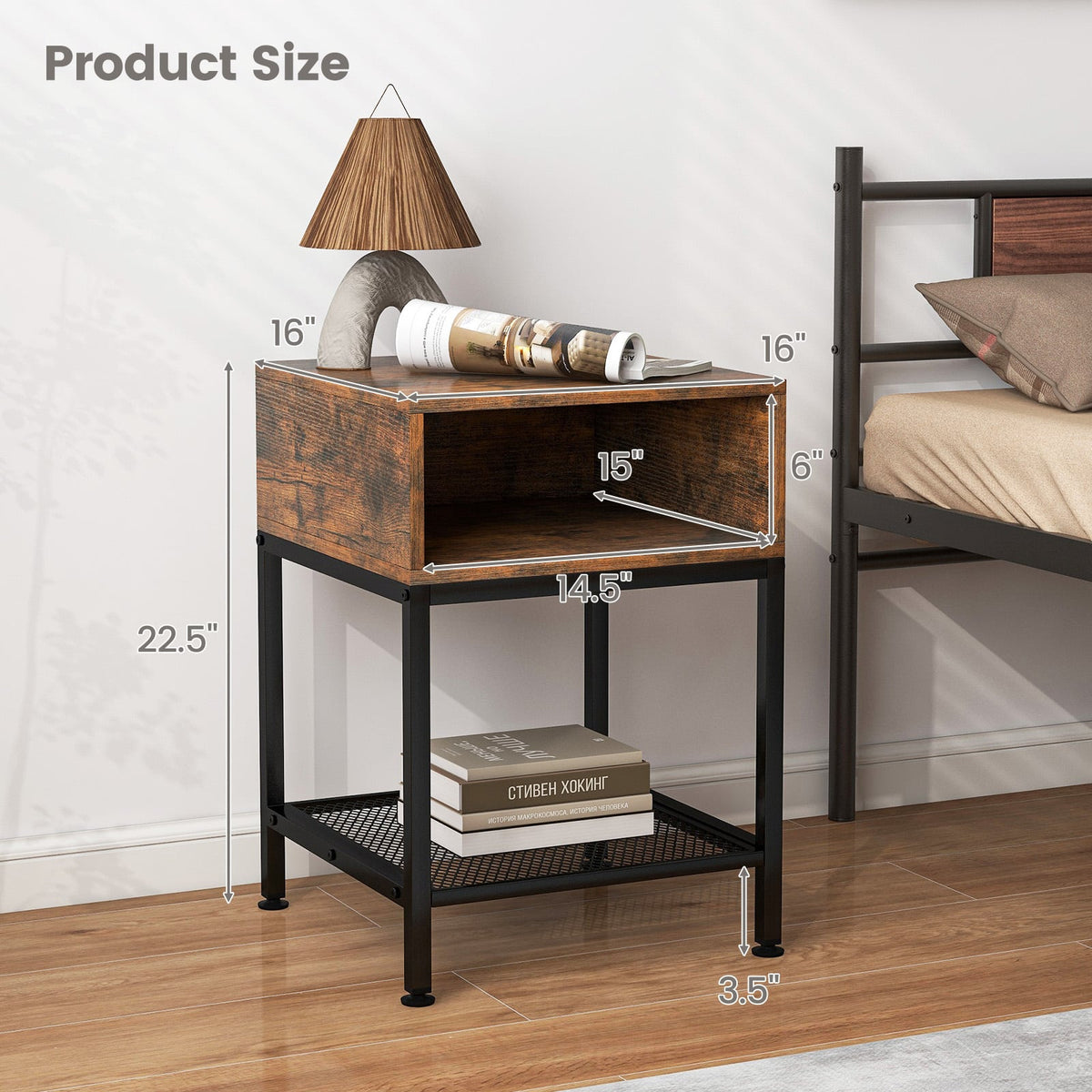 Industrial Nightstand End Side Table with Mesh Shelf-Nightstands-DECOROLALA