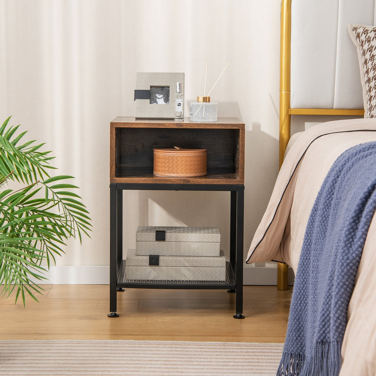 Industrial Nightstand End Side Table with Mesh Shelf-Nightstands-DECOROLALA