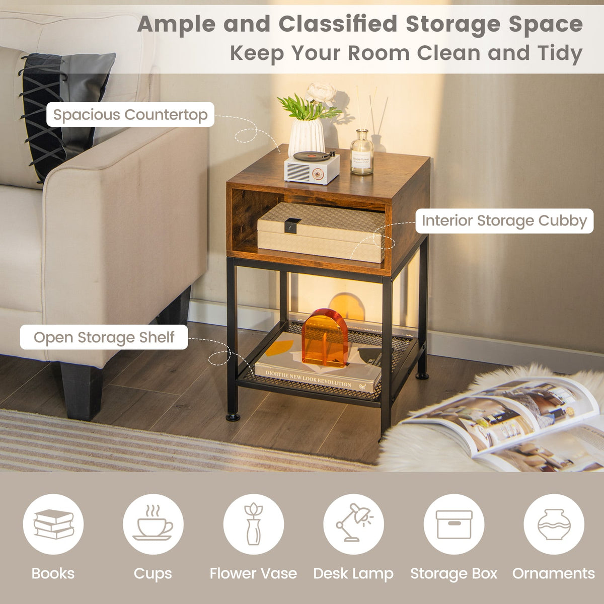 Industrial Nightstand End Side Table with Mesh Shelf-Nightstands-DECOROLALA