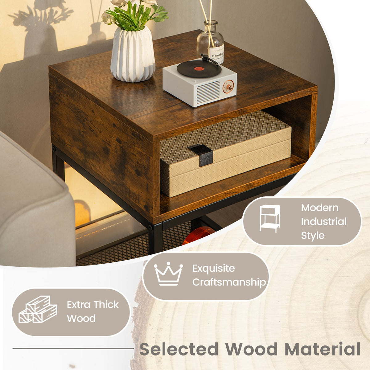 Industrial Nightstand End Side Table with Mesh Shelf-Nightstands-DECOROLALA