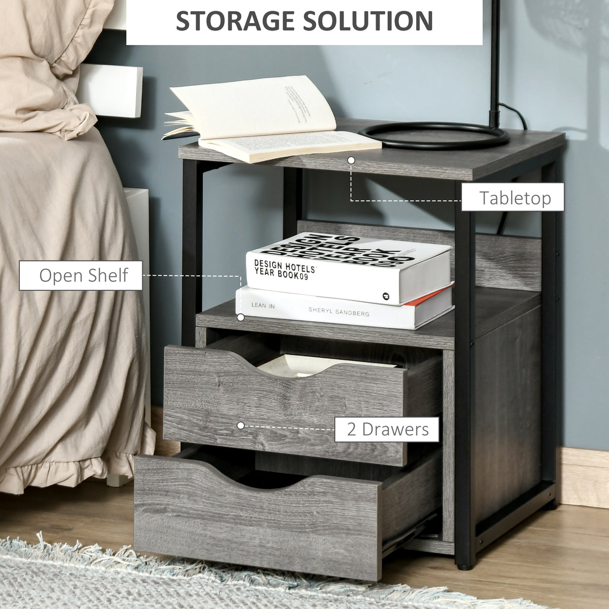 Industrial Nightstand with 2 Drawers - Grey 15.7" W-Home Furnishings > Living Room Furniture > Side¬†Tables-DECOROLALA
