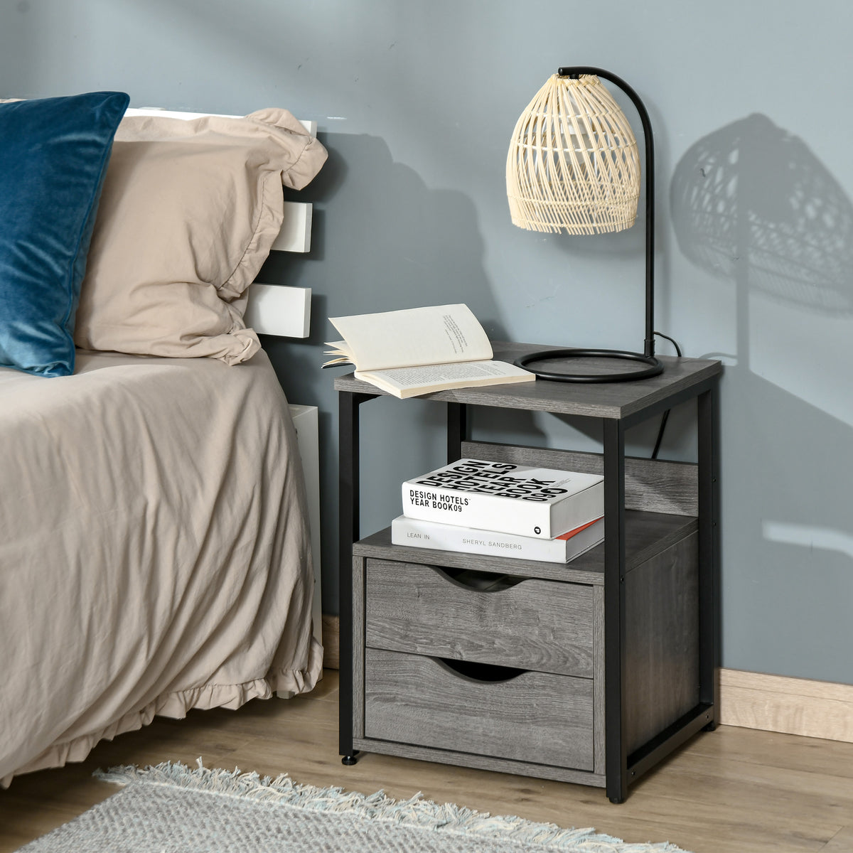 Industrial Nightstand with 2 Drawers - Grey 15.7" W-Home Furnishings > Living Room Furniture > Side¬†Tables-DECOROLALA