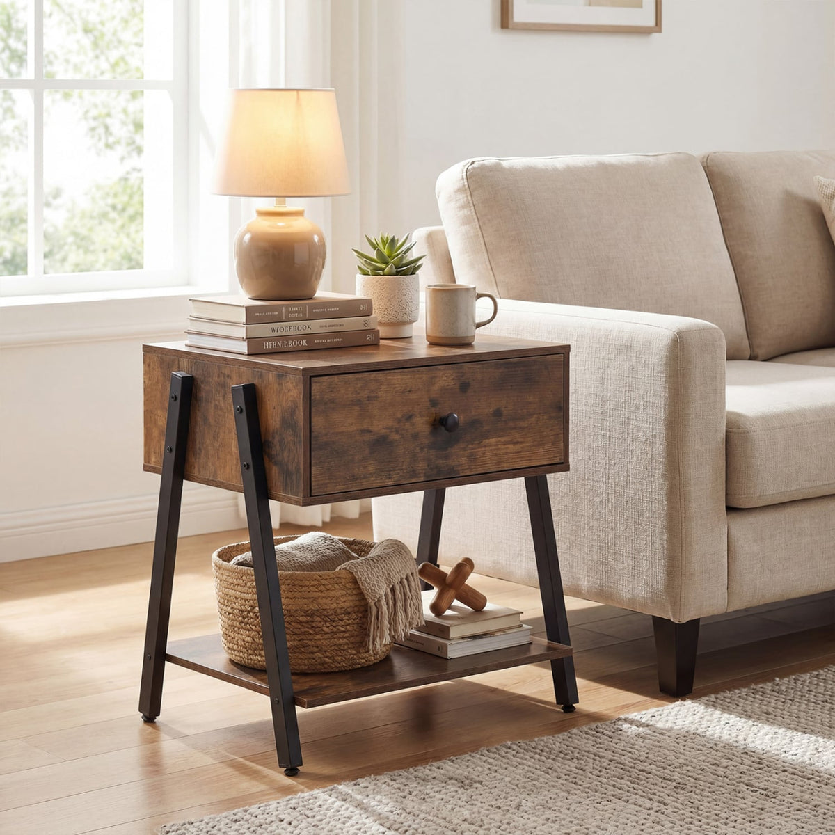 Industrial Nightstand with Drawer and Adjustable Foot Pads for Bedroom-Rustic Brown-Nightstands-DECOROLALA