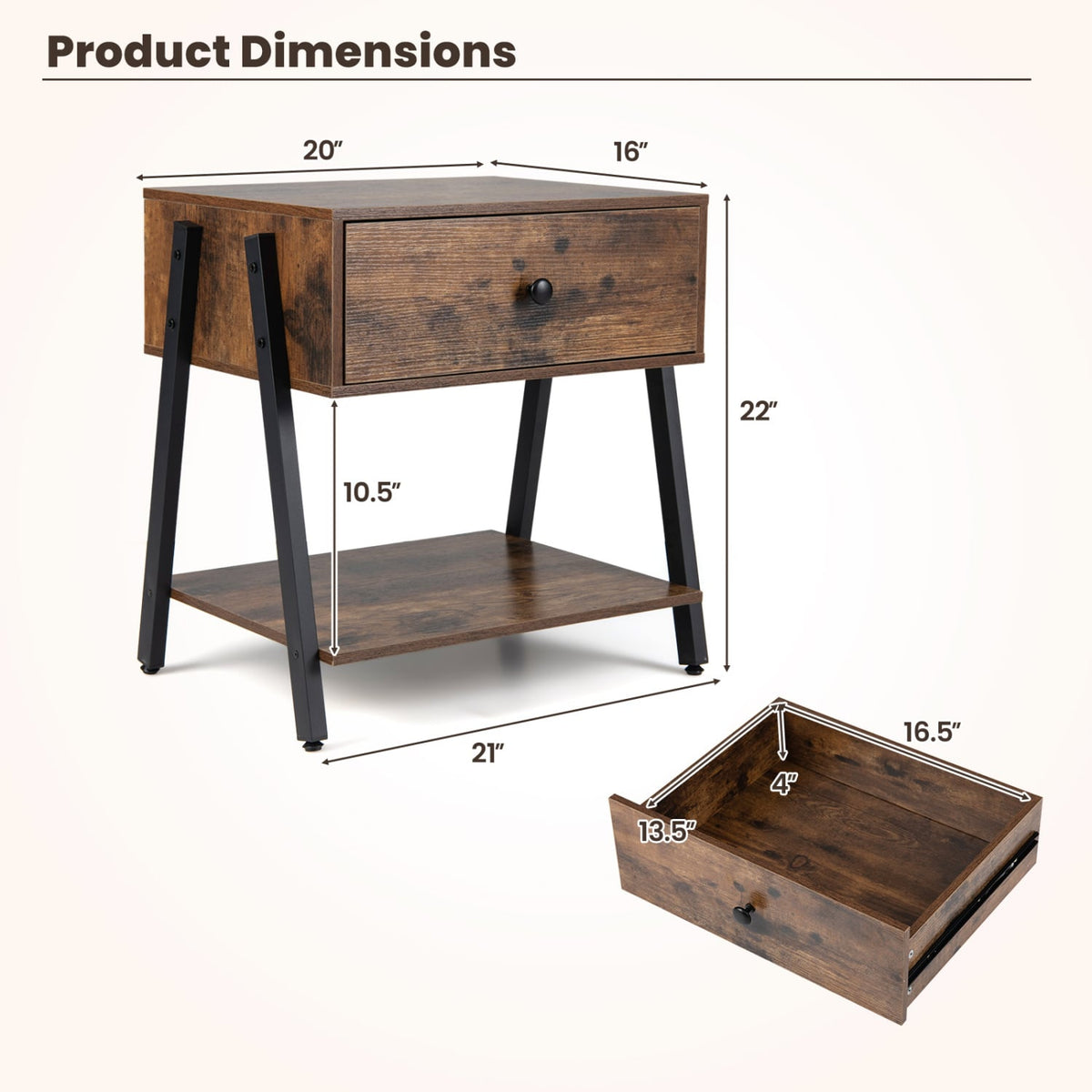 Industrial Nightstand with Drawer and Adjustable Foot Pads for Bedroom-Rustic Brown-Nightstands-DECOROLALA