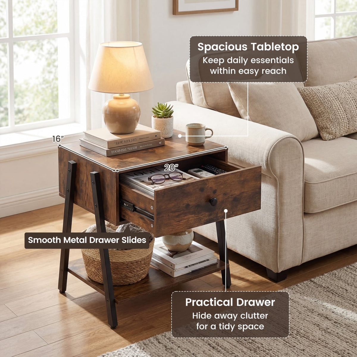 Industrial Nightstand with Drawer and Adjustable Foot Pads for Bedroom-Rustic Brown-Nightstands-DECOROLALA
