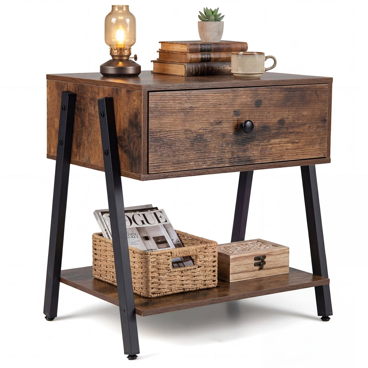 Industrial Nightstand with Drawer and Adjustable Foot Pads for Bedroom-Rustic Brown-Nightstands-DECOROLALA