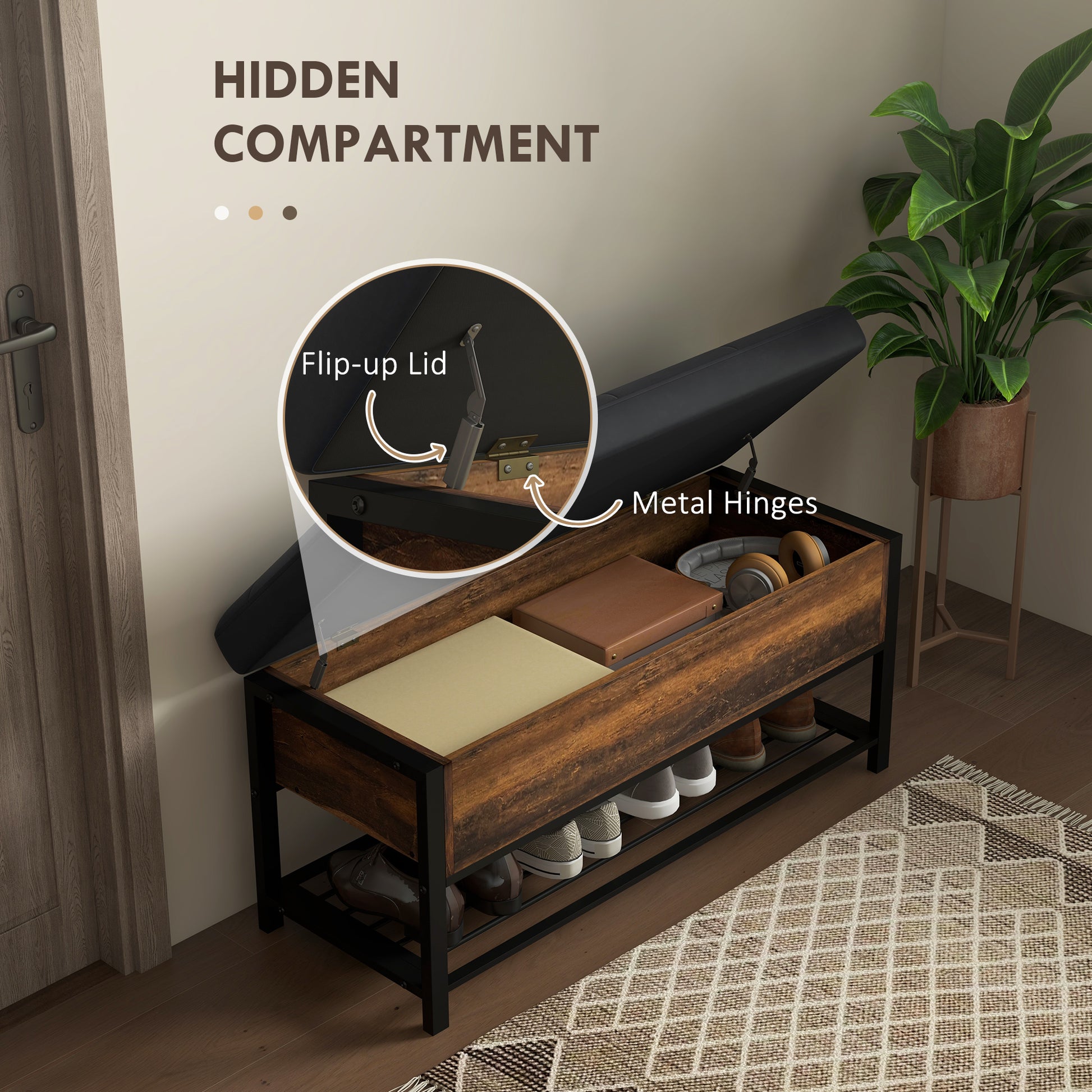 Industrial Shoe Storage Bench with Upholstered Seat - Brown-DECOROLALA