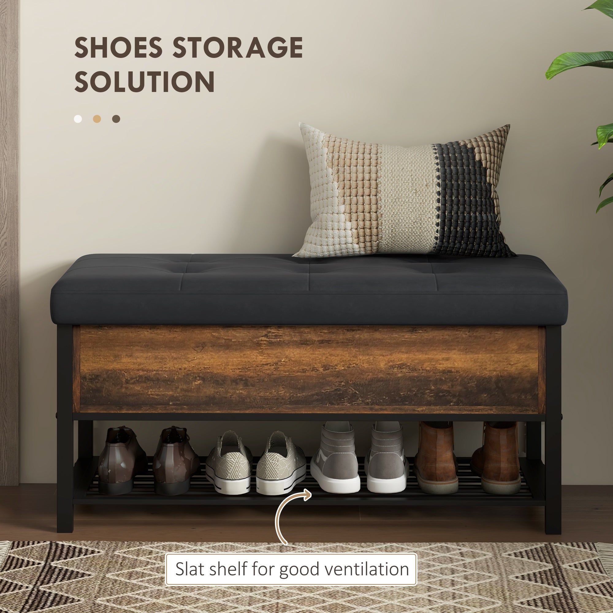 Industrial Shoe Storage Bench with Upholstered Seat - Brown-DECOROLALA