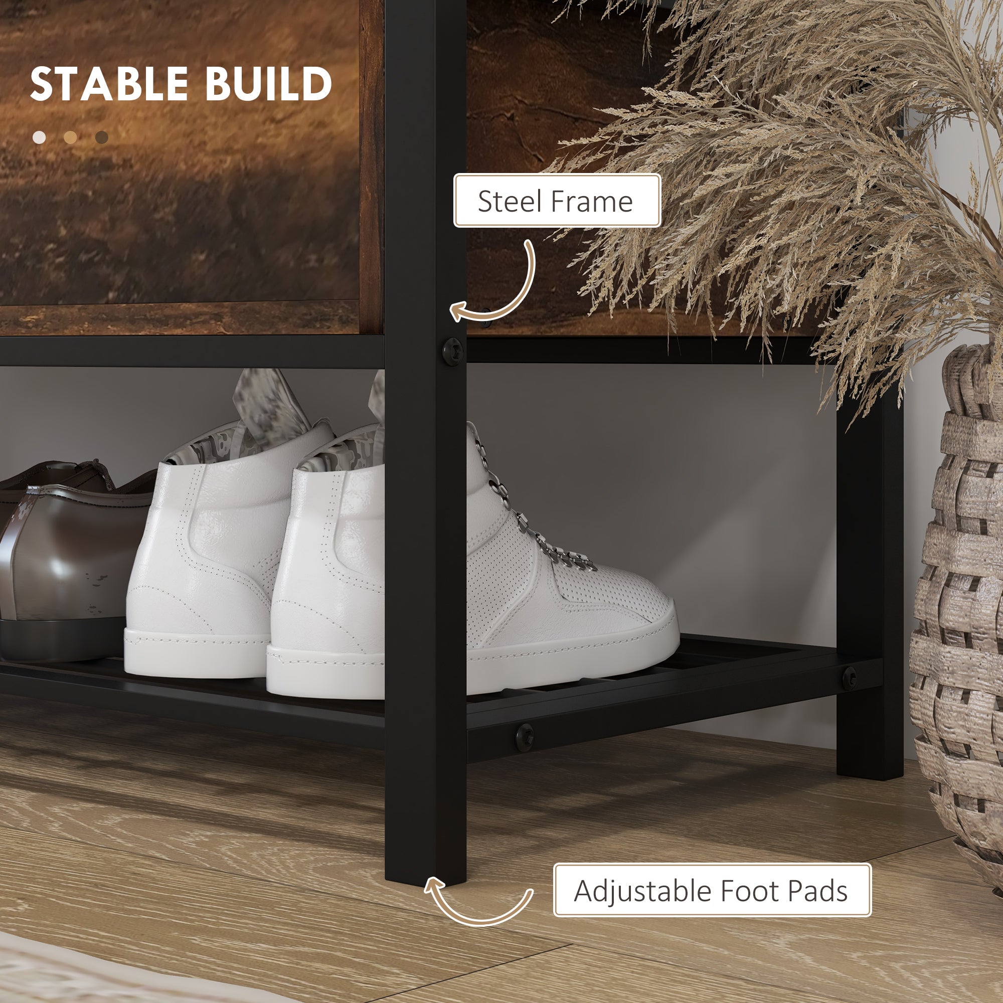 Industrial Shoe Storage Bench with Upholstered Seat - Brown-DECOROLALA