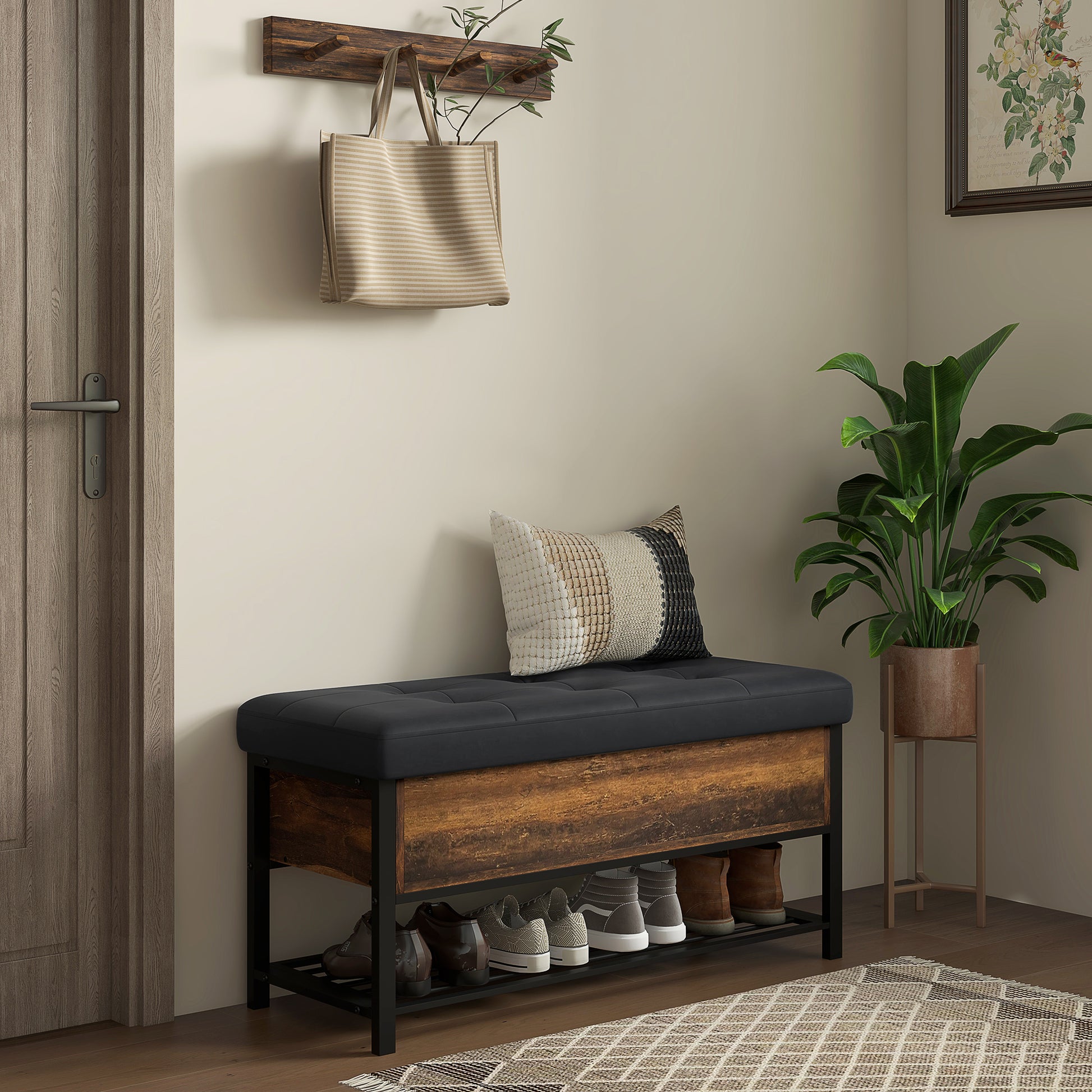 Industrial Shoe Storage Bench with Upholstered Seat - Brown-DECOROLALA