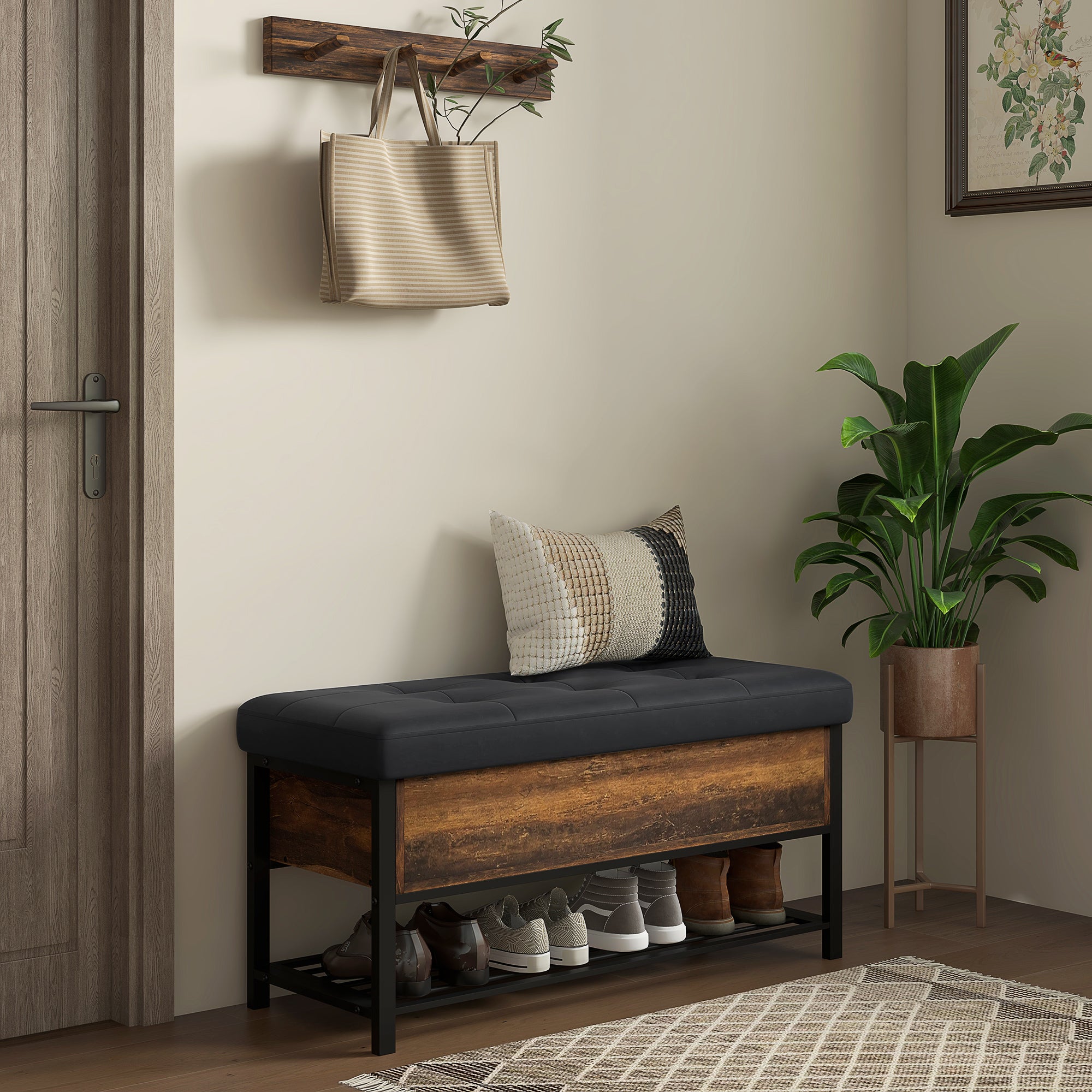 Industrial Shoe Storage Bench with Upholstered Seat - Brown-DECOROLALA