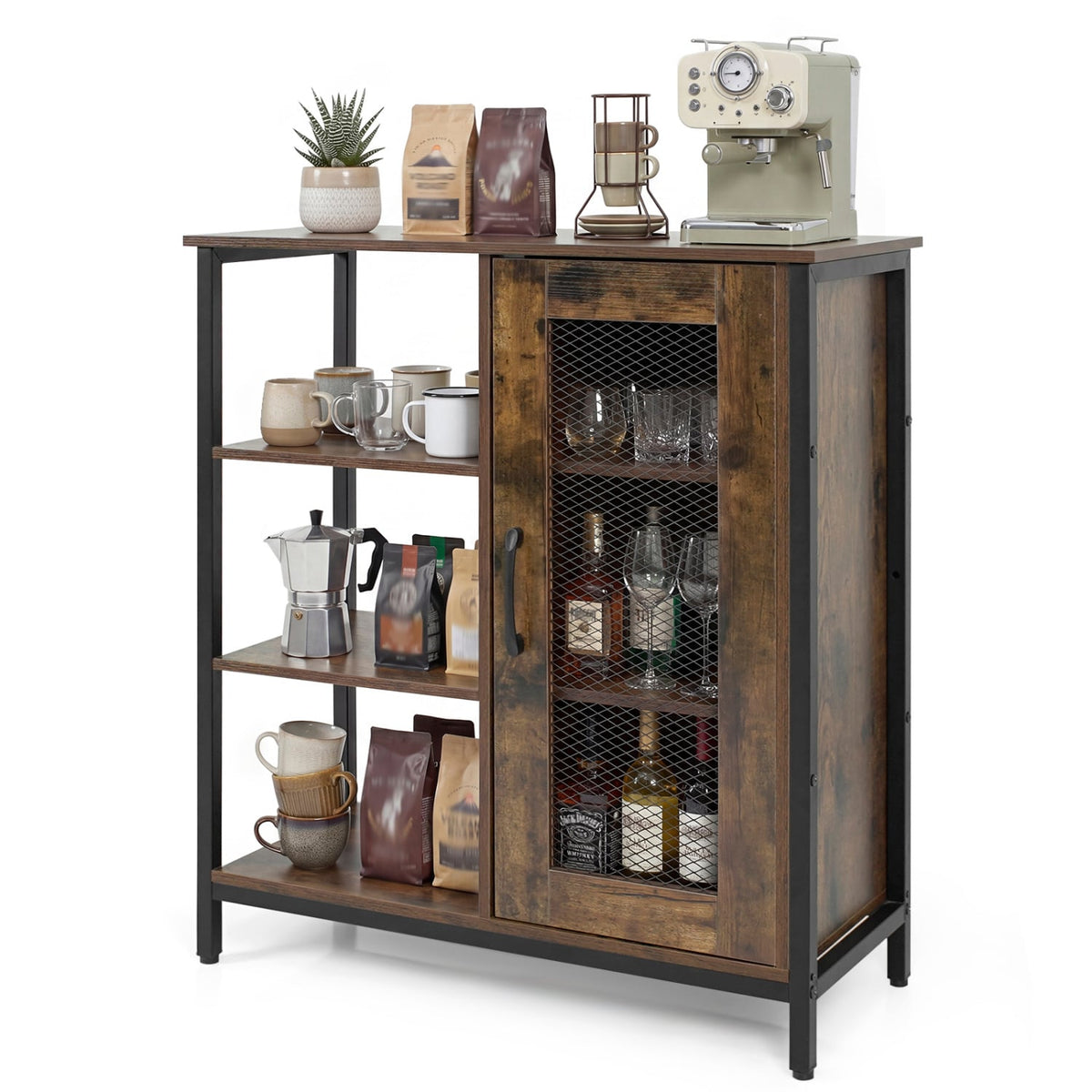 Industrial Side Cabinet with Metal Mesh Door and 3 Open Shelves-Rustic Brown-End & Side Tables-DECOROLALA