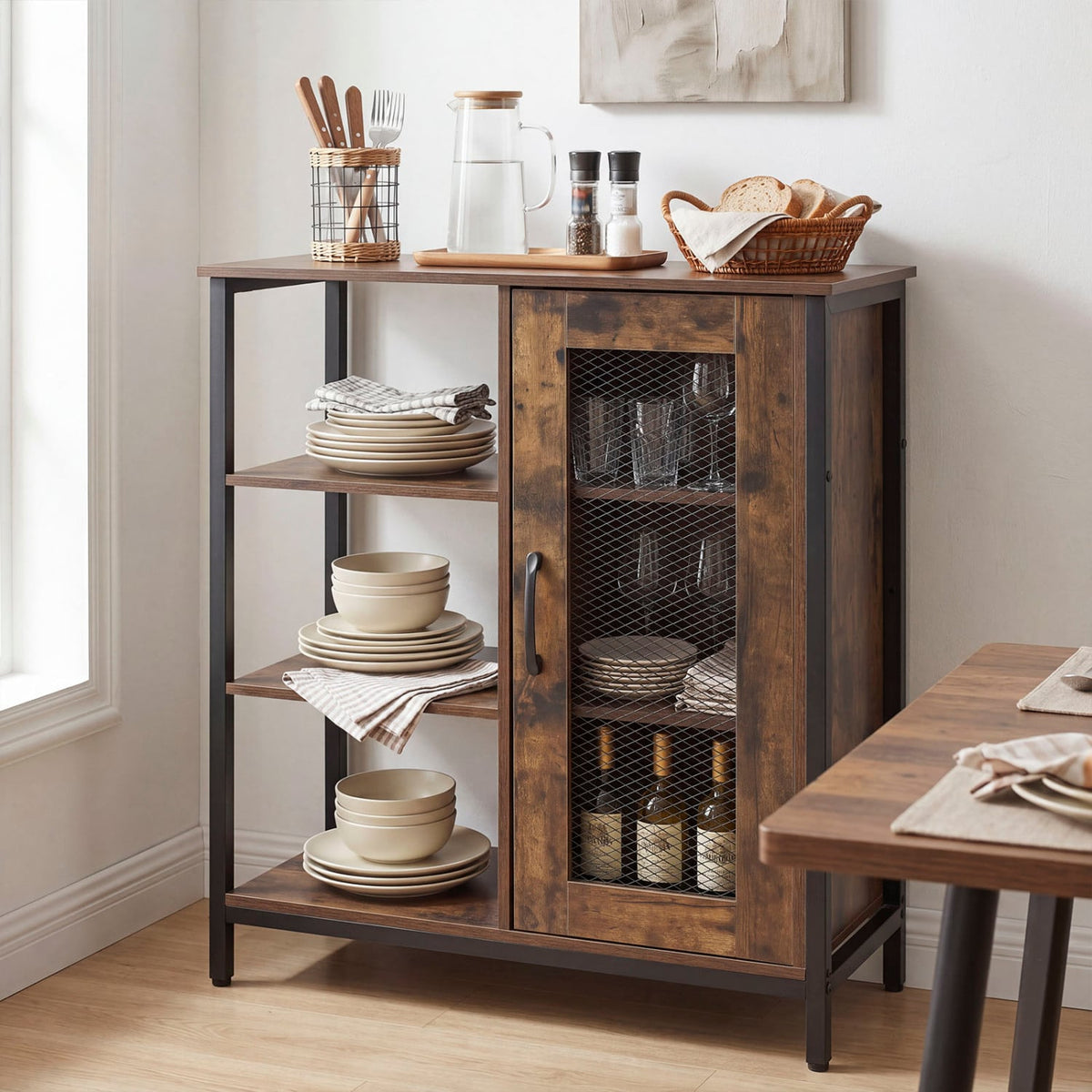 Industrial Side Cabinet with Metal Mesh Door and 3 Open Shelves-Rustic Brown-End & Side Tables-DECOROLALA