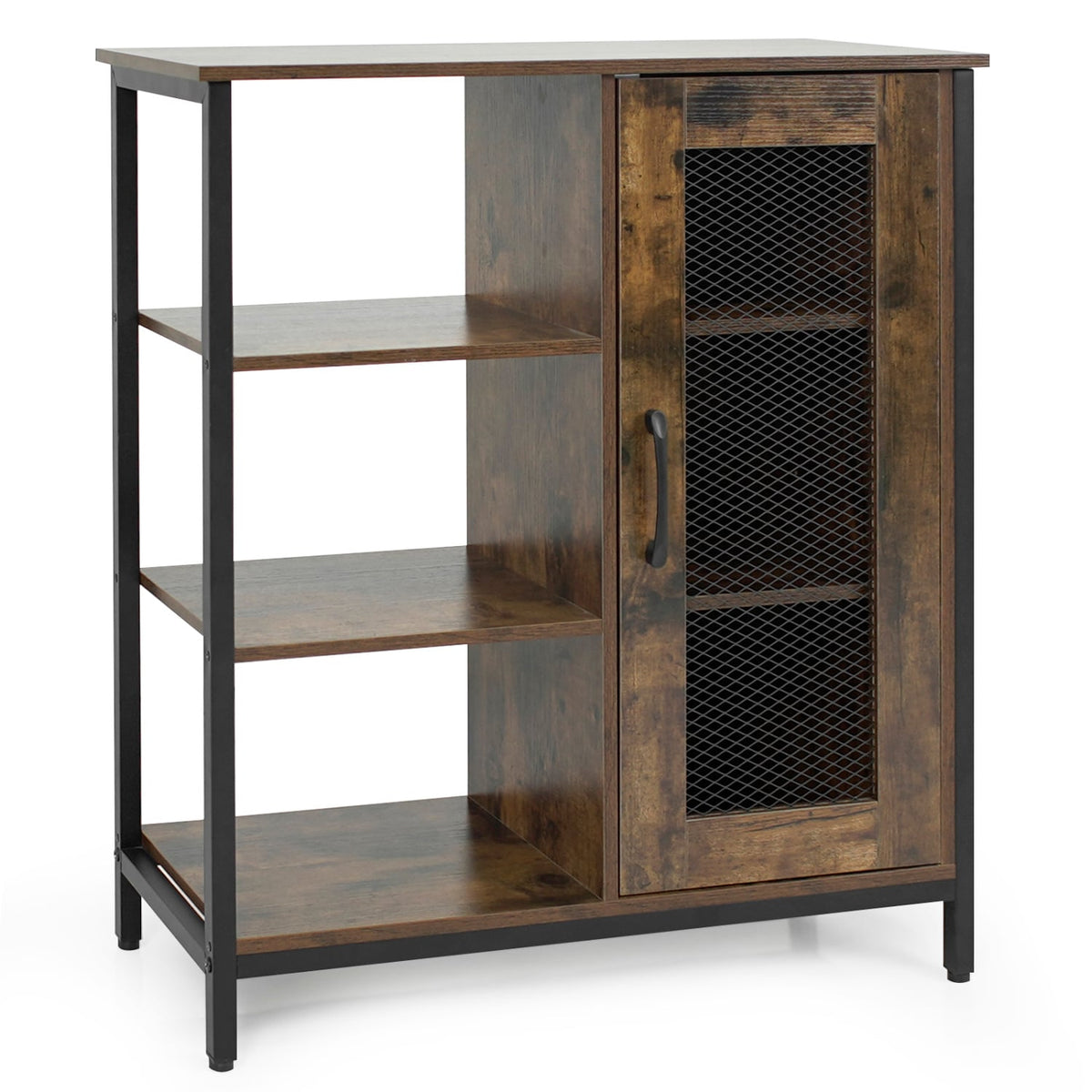 Industrial Side Cabinet with Metal Mesh Door and 3 Open Shelves-Rustic Brown-End & Side Tables-DECOROLALA