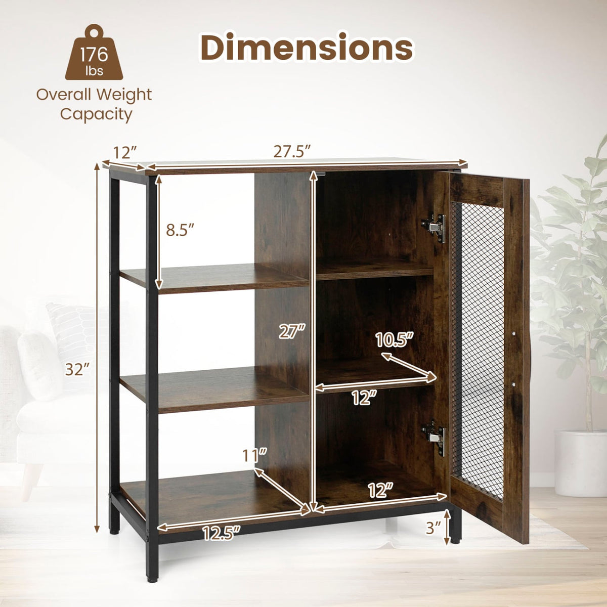 Industrial Side Cabinet with Metal Mesh Door and 3 Open Shelves-Rustic Brown-End & Side Tables-DECOROLALA
