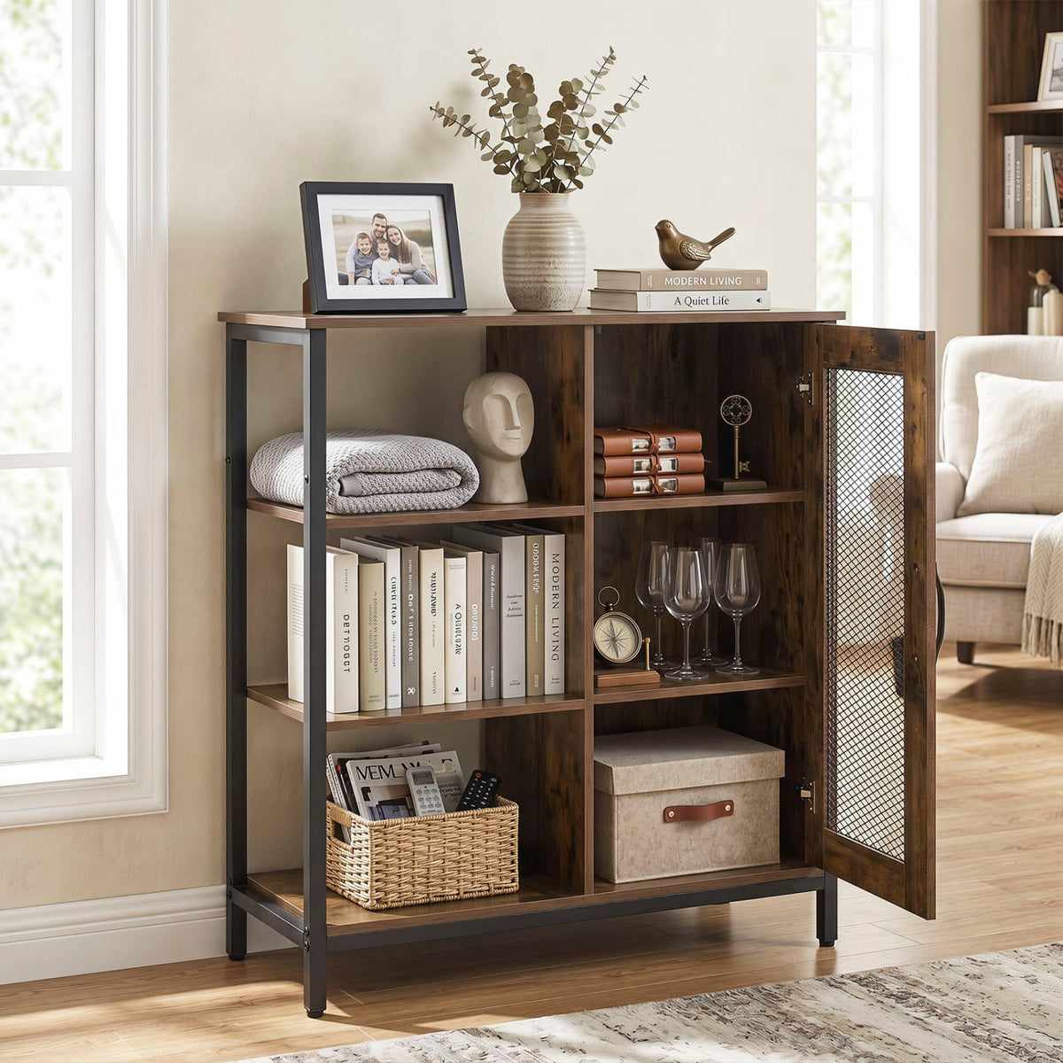 Industrial Side Cabinet with Metal Mesh Door and 3 Open Shelves-Rustic Brown-End & Side Tables-DECOROLALA