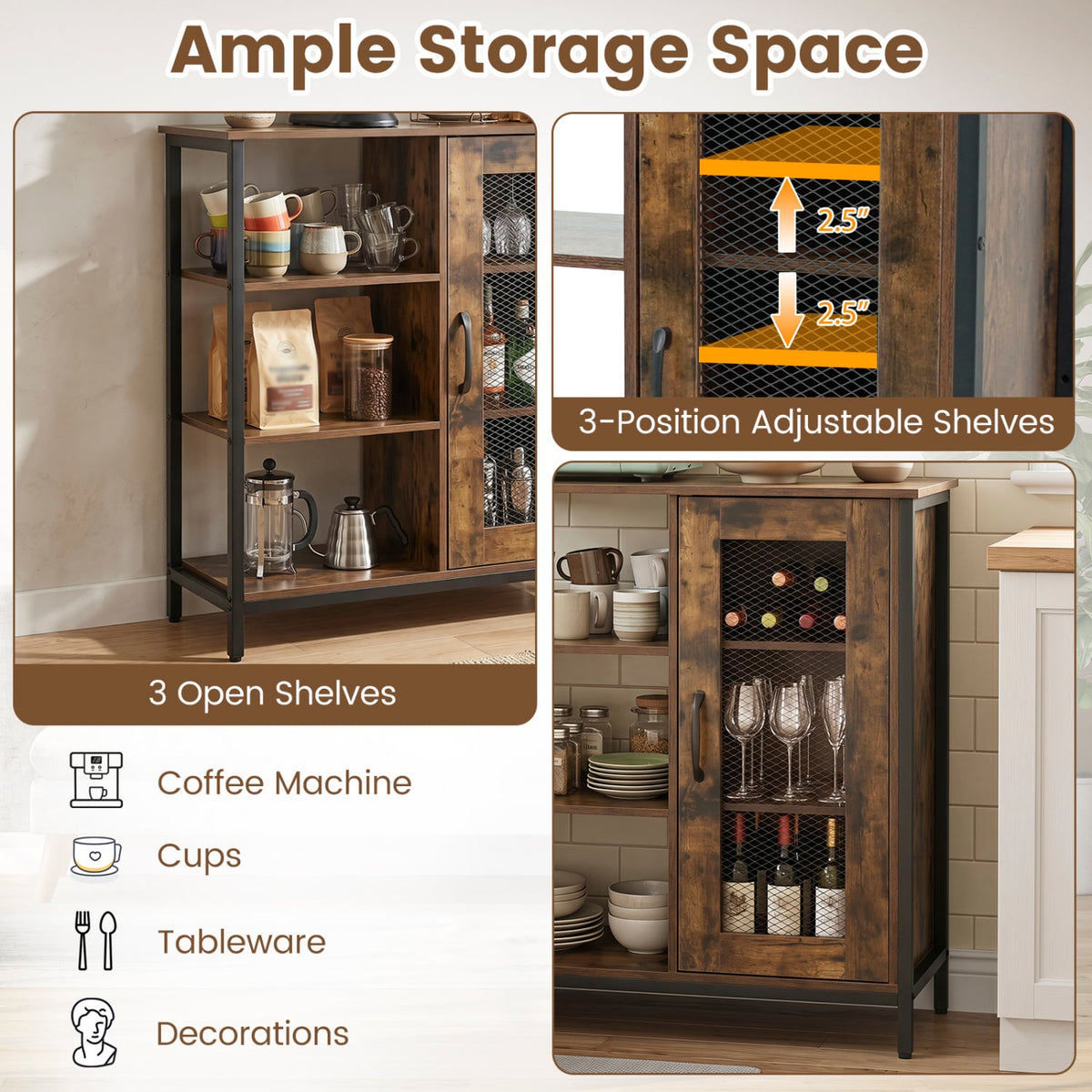 Industrial Side Cabinet with Metal Mesh Door and 3 Open Shelves-Rustic Brown-End & Side Tables-DECOROLALA
