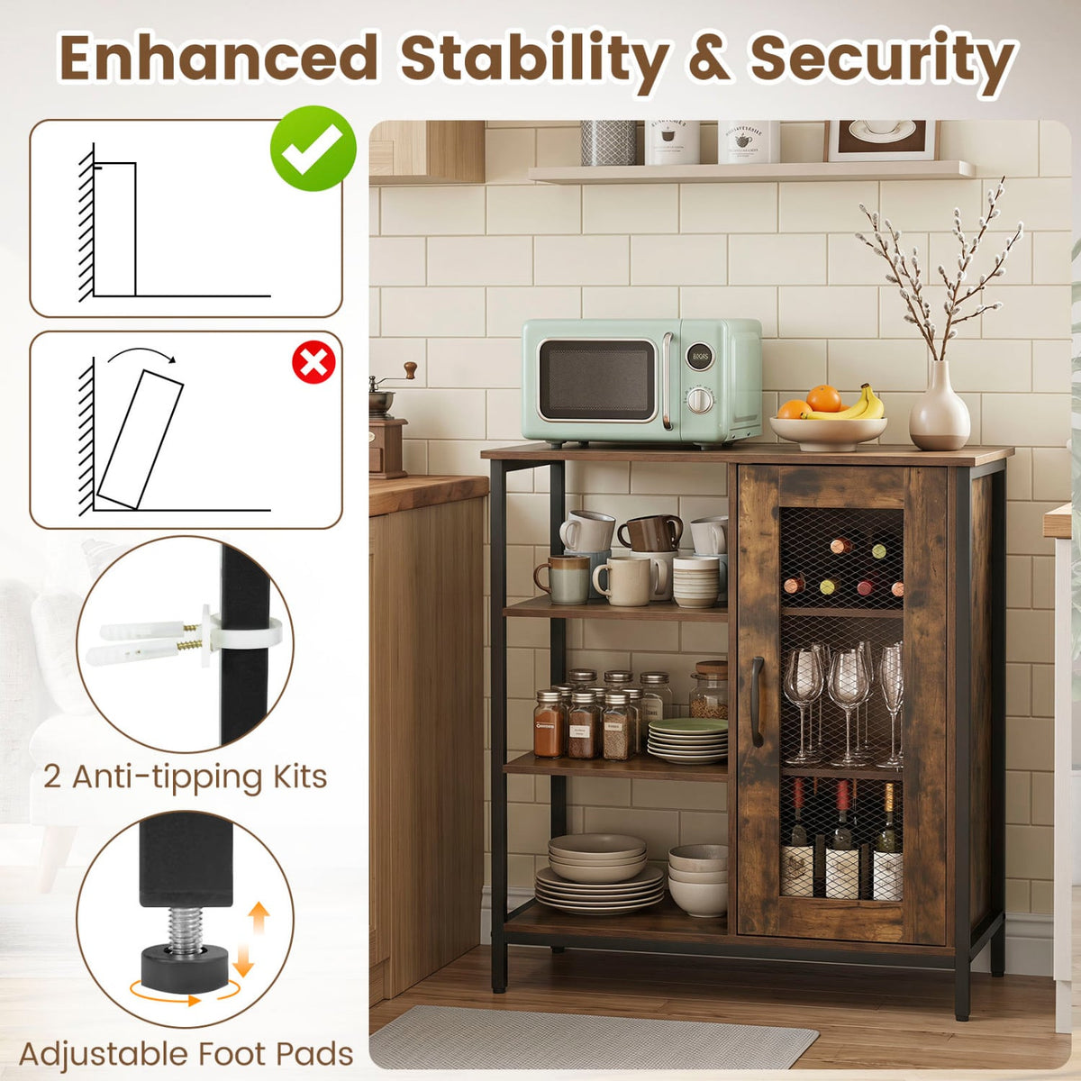 Industrial Side Cabinet with Metal Mesh Door and 3 Open Shelves-Rustic Brown-End & Side Tables-DECOROLALA