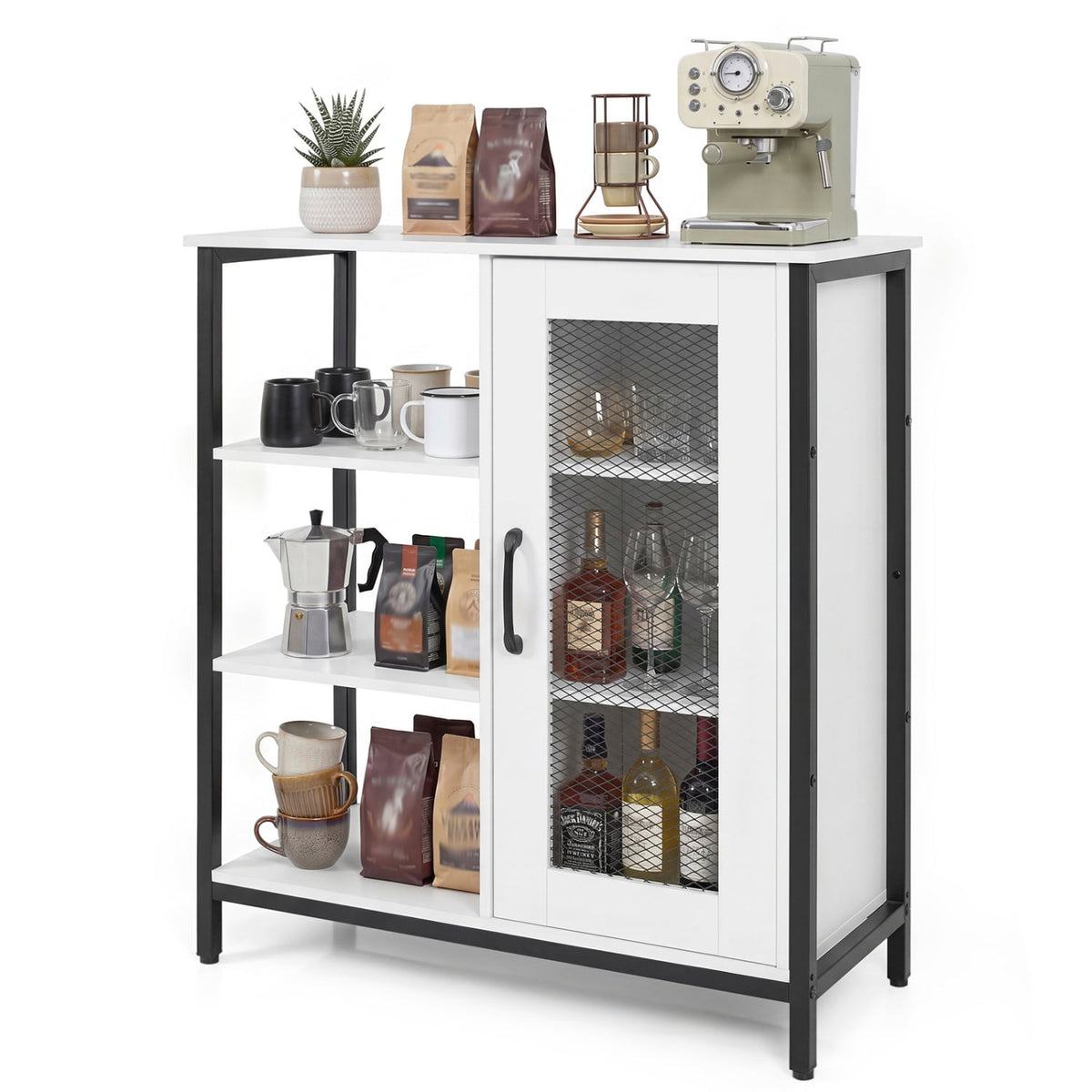 Industrial Side Cabinet with Metal Mesh Door and 3 Open Shelves-White-End & Side Tables-DECOROLALA