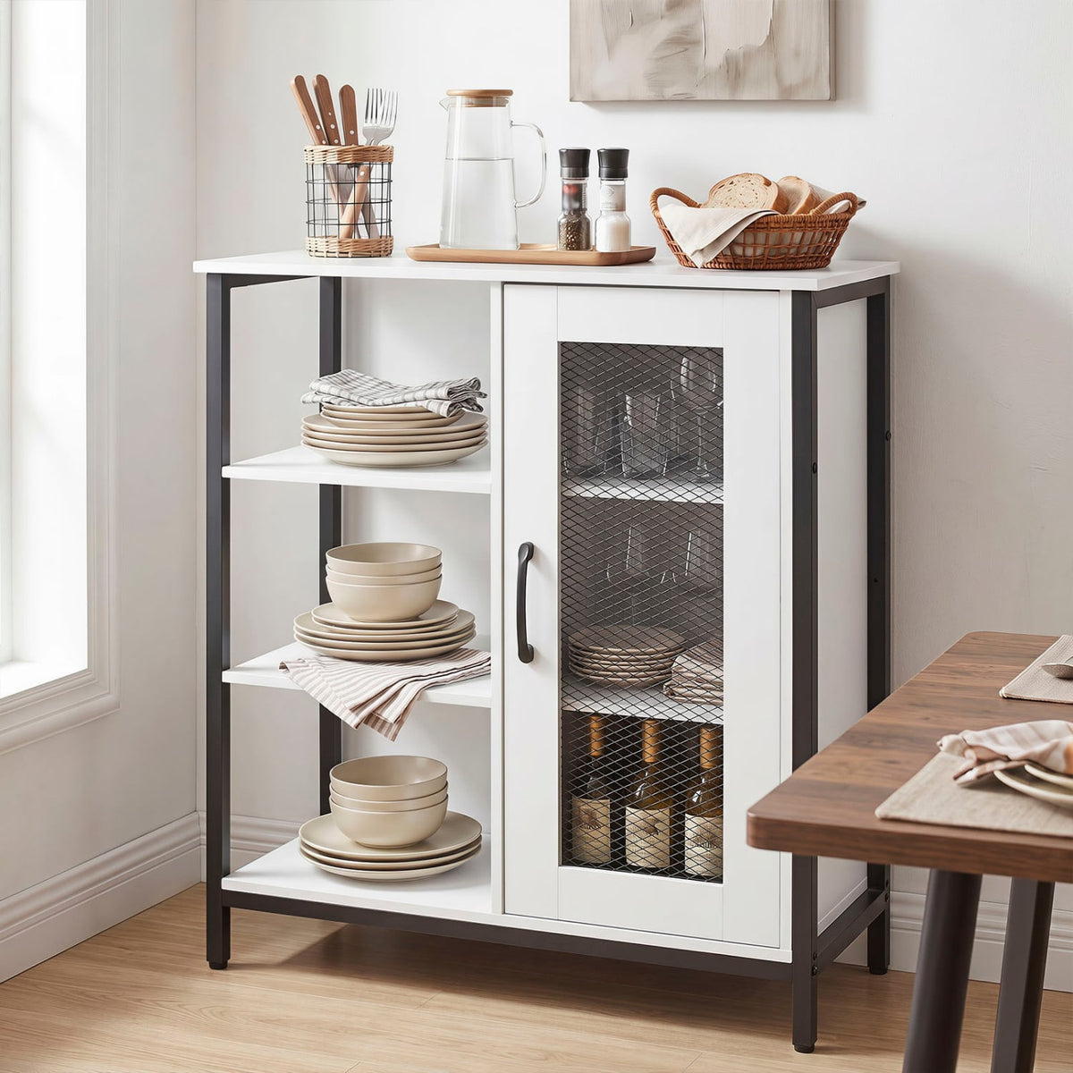 Industrial Side Cabinet with Metal Mesh Door and 3 Open Shelves-White-End & Side Tables-DECOROLALA