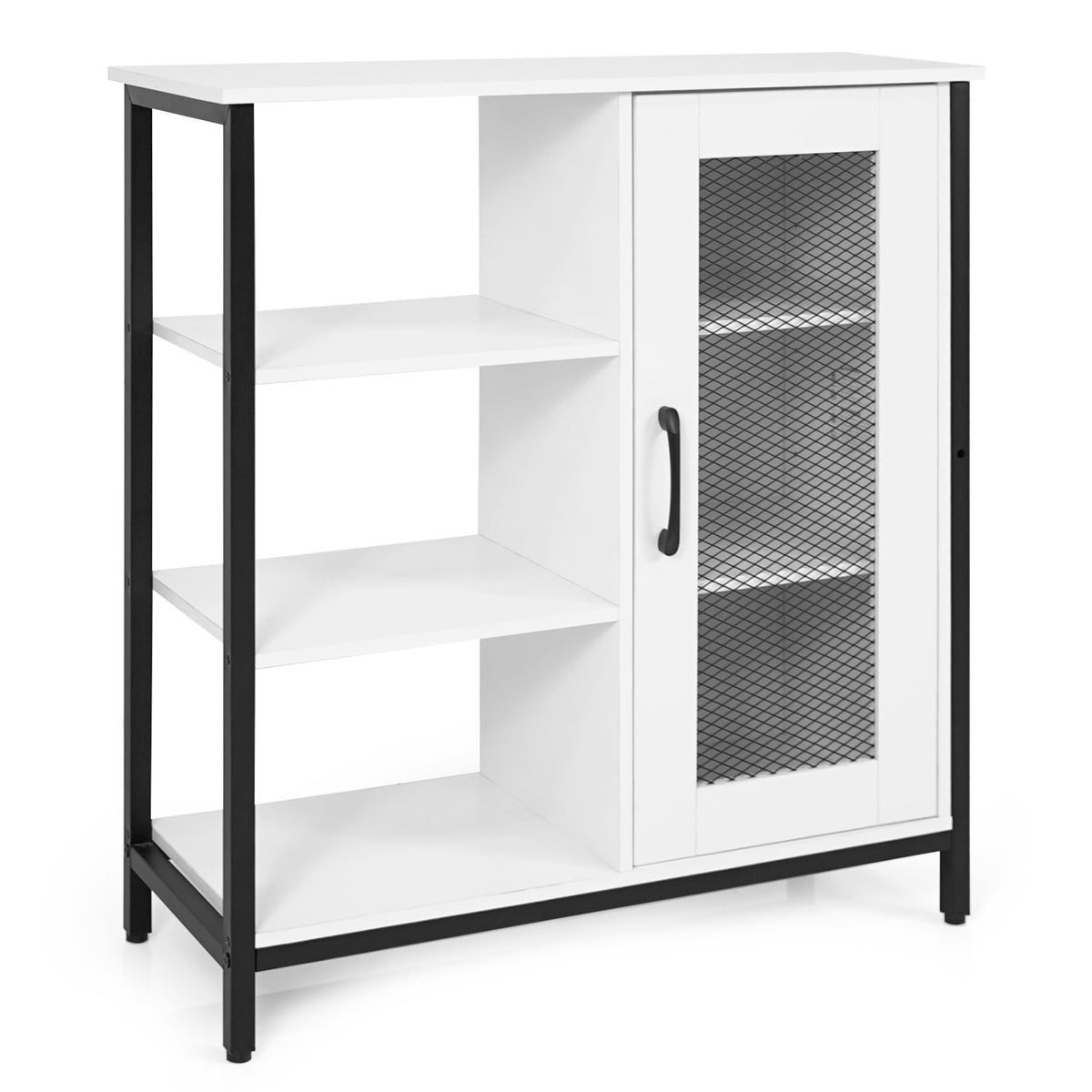 Industrial Side Cabinet with Metal Mesh Door and 3 Open Shelves-White-End & Side Tables-DECOROLALA
