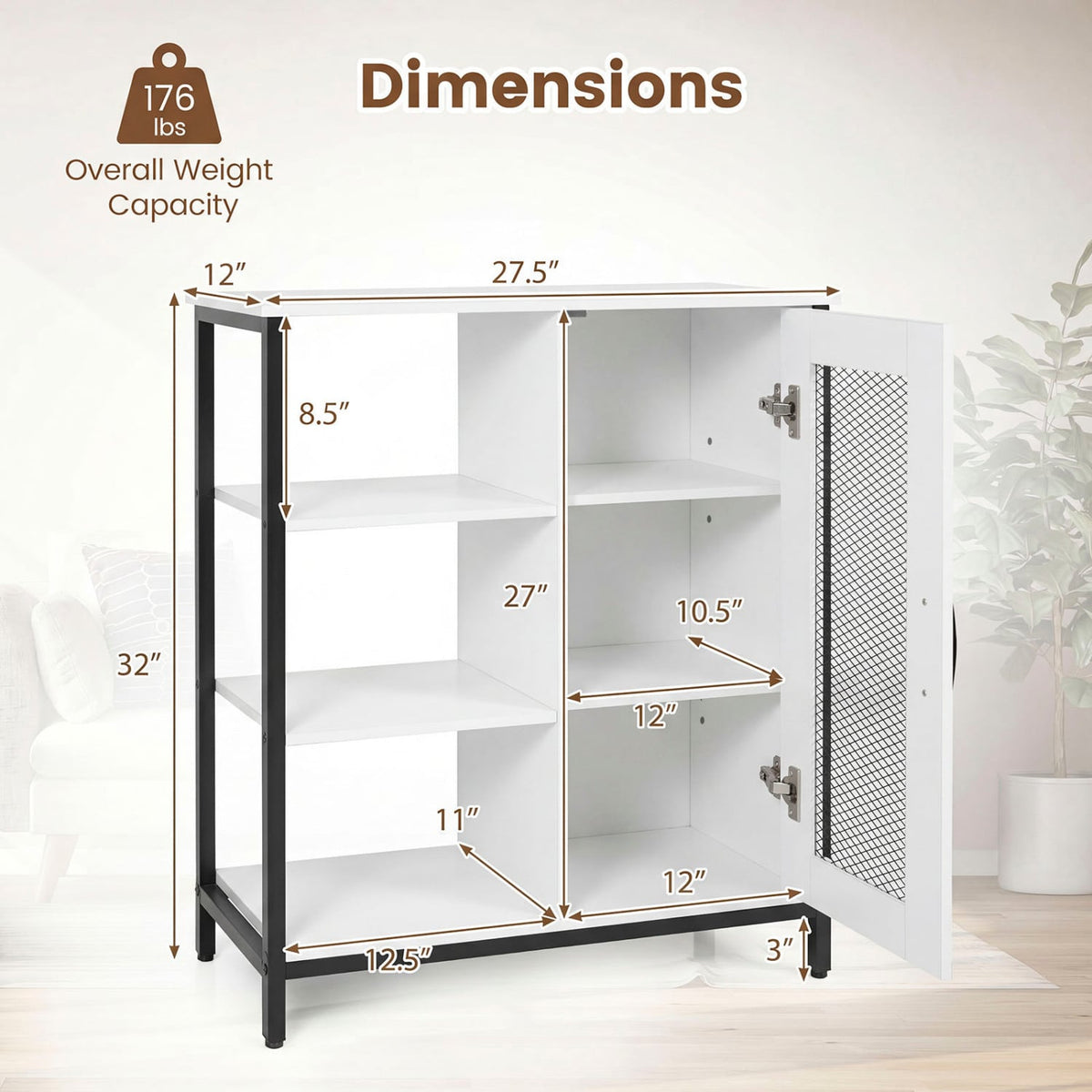 Industrial Side Cabinet with Metal Mesh Door and 3 Open Shelves-White-End & Side Tables-DECOROLALA