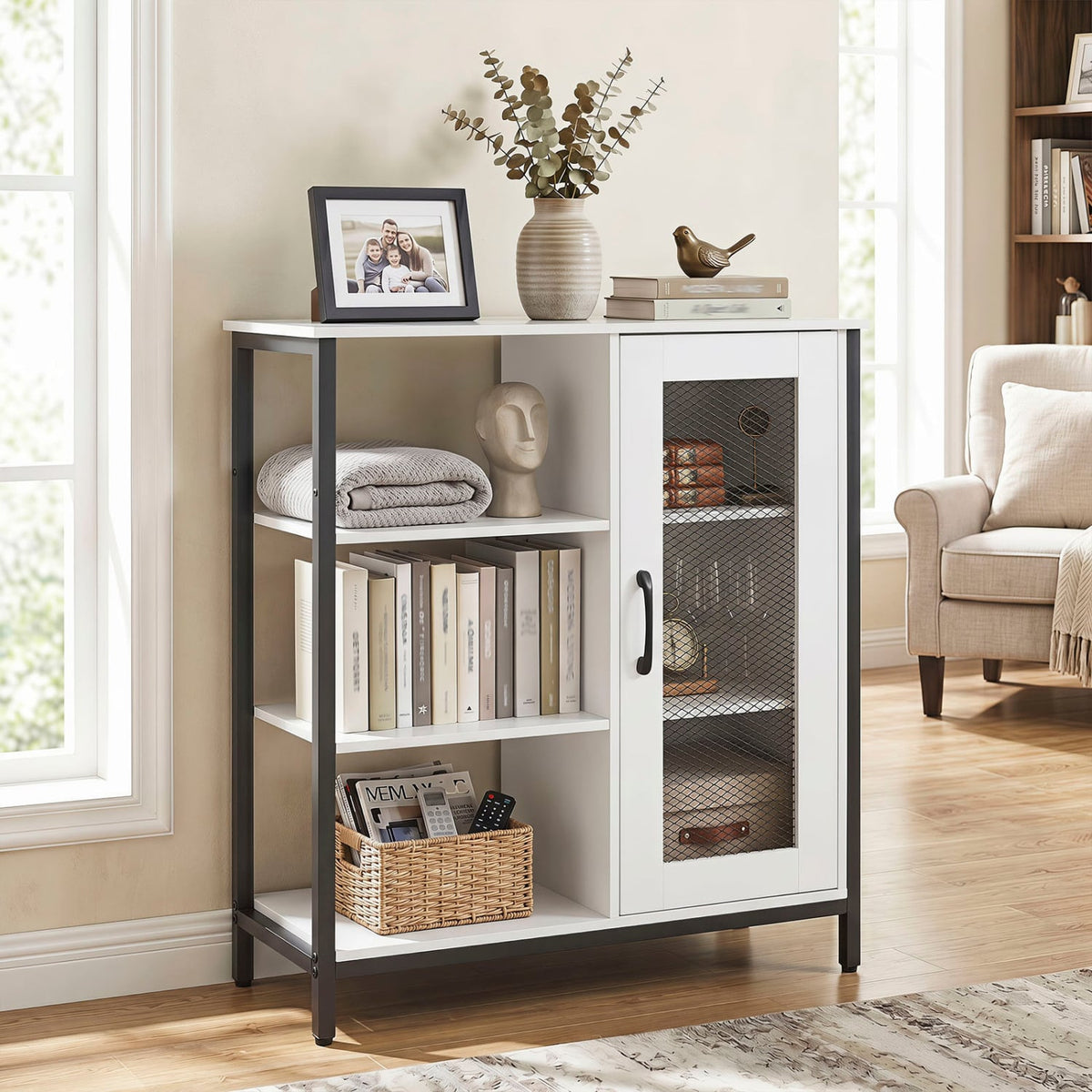 Industrial Side Cabinet with Metal Mesh Door and 3 Open Shelves-White-End & Side Tables-DECOROLALA