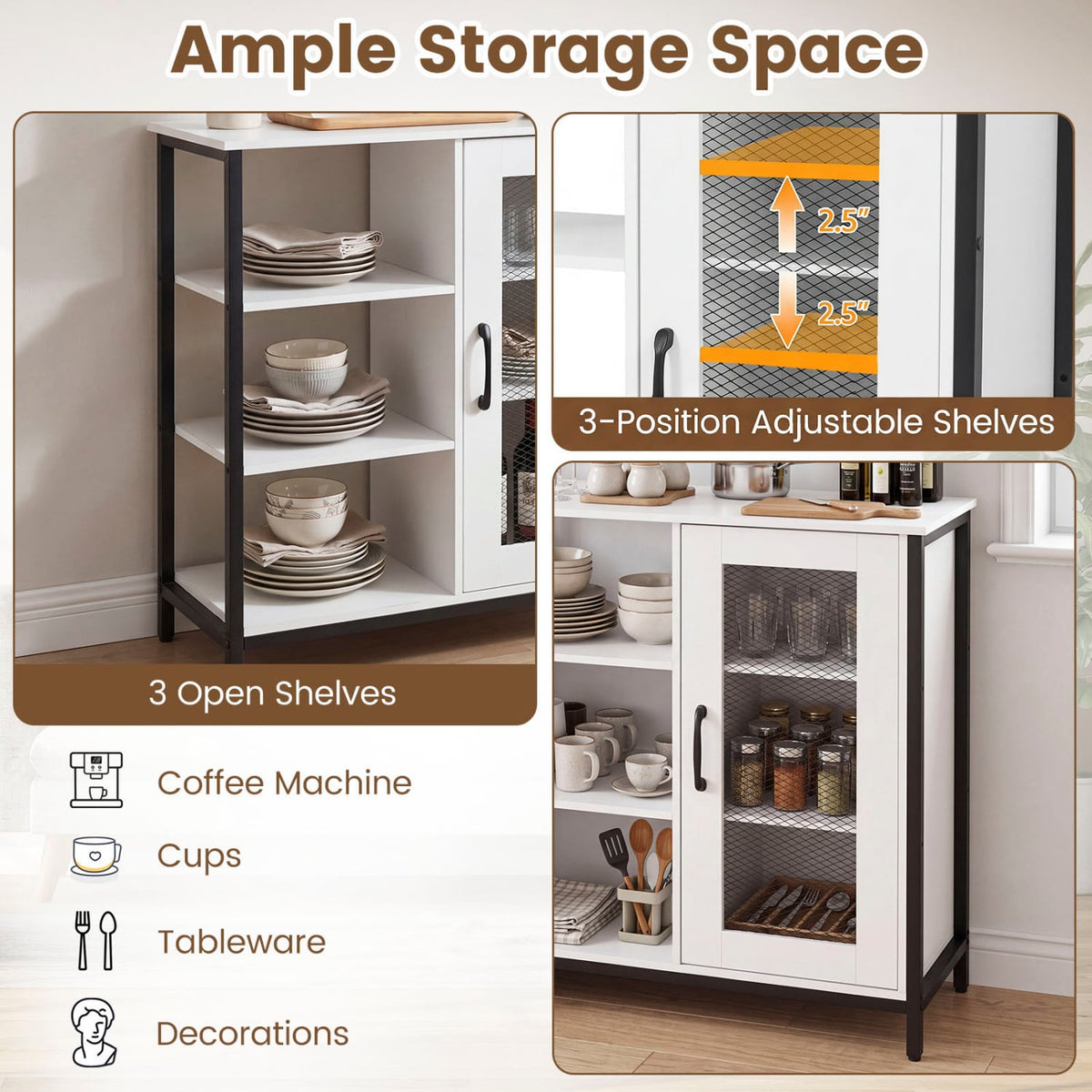Industrial Side Cabinet with Metal Mesh Door and 3 Open Shelves-White-End & Side Tables-DECOROLALA