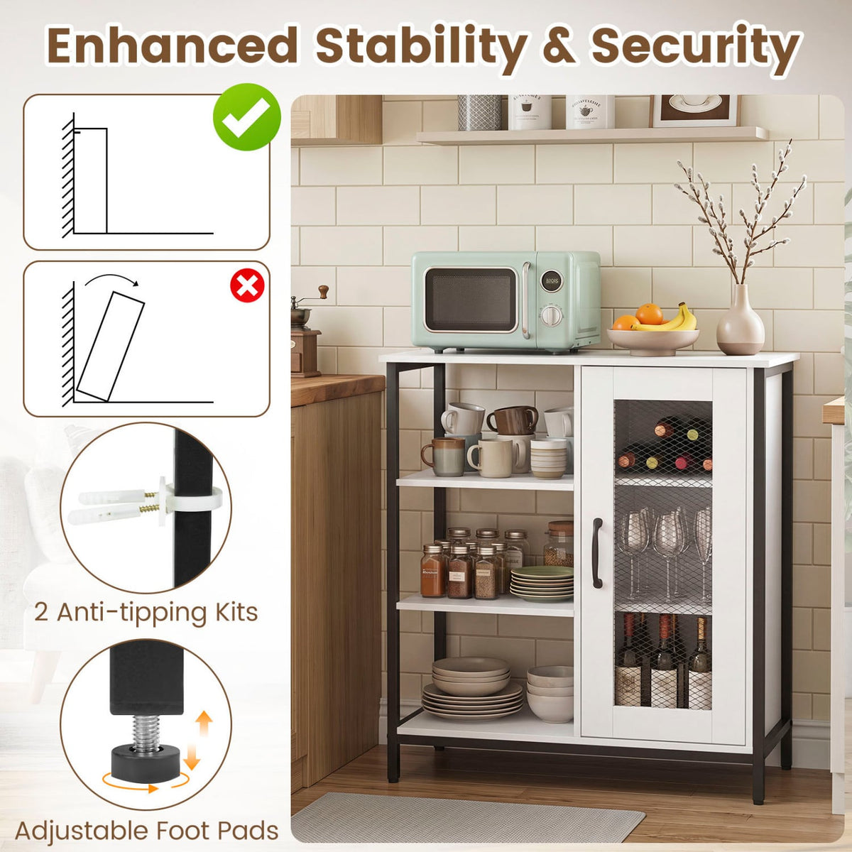 Industrial Side Cabinet with Metal Mesh Door and 3 Open Shelves-White-End & Side Tables-DECOROLALA