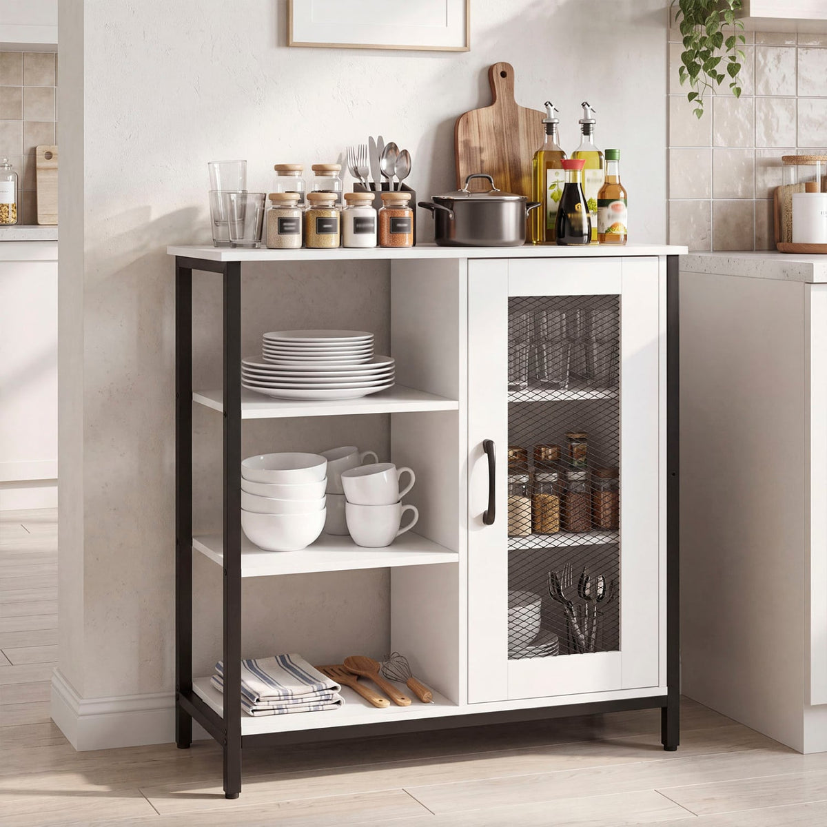 Industrial Side Cabinet with Metal Mesh Door and 3 Open Shelves-White-End & Side Tables-DECOROLALA