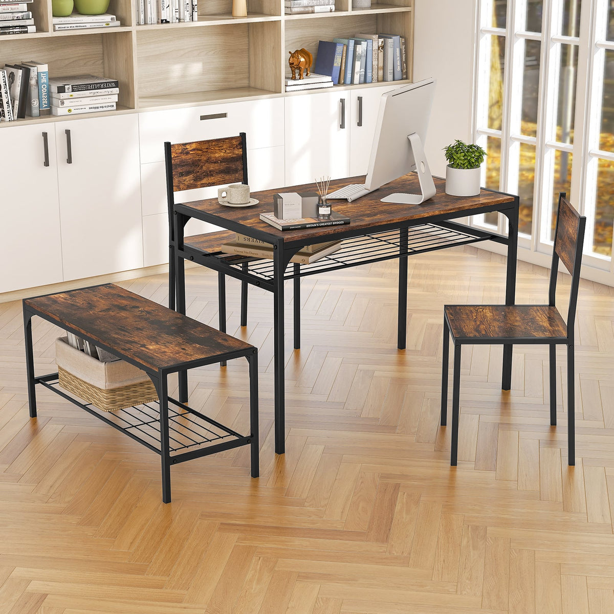 Industrial Style Rectangular Kitchen Table with Bench and Chairs-Rustic Brown-Dining Room Sets-DECOROLALA