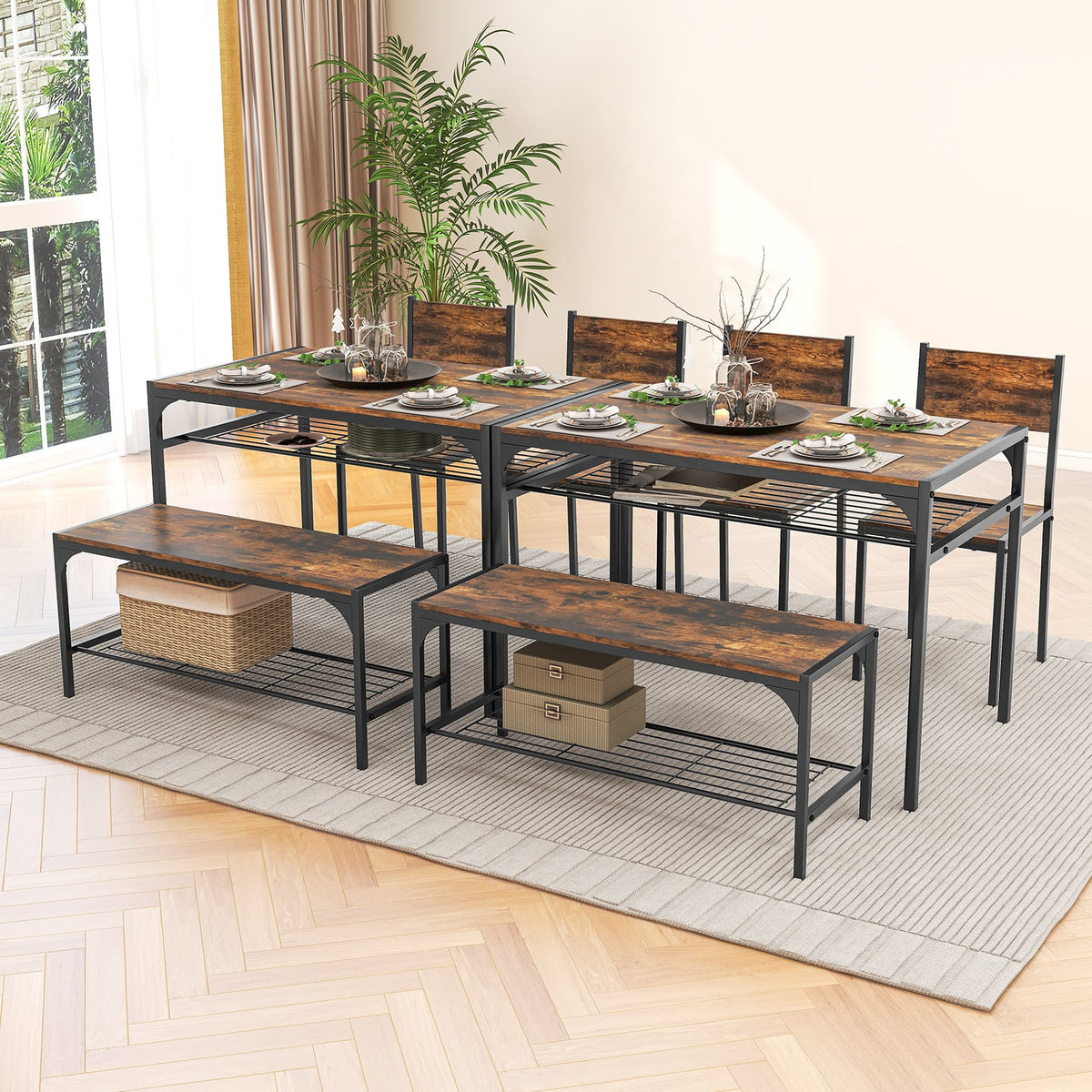 Industrial Style Rectangular Kitchen Table with Bench and Chairs-Rustic Brown-Dining Room Sets-DECOROLALA