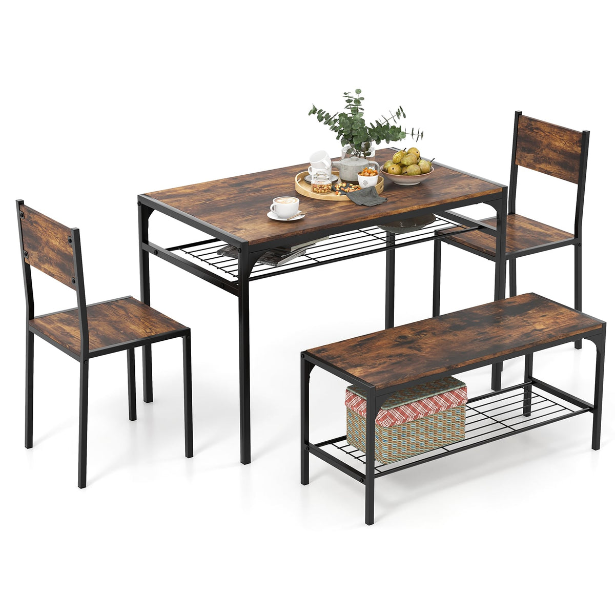 Industrial Style Rectangular Kitchen Table with Bench and Chairs-Rustic Brown-Dining Room Sets-DECOROLALA