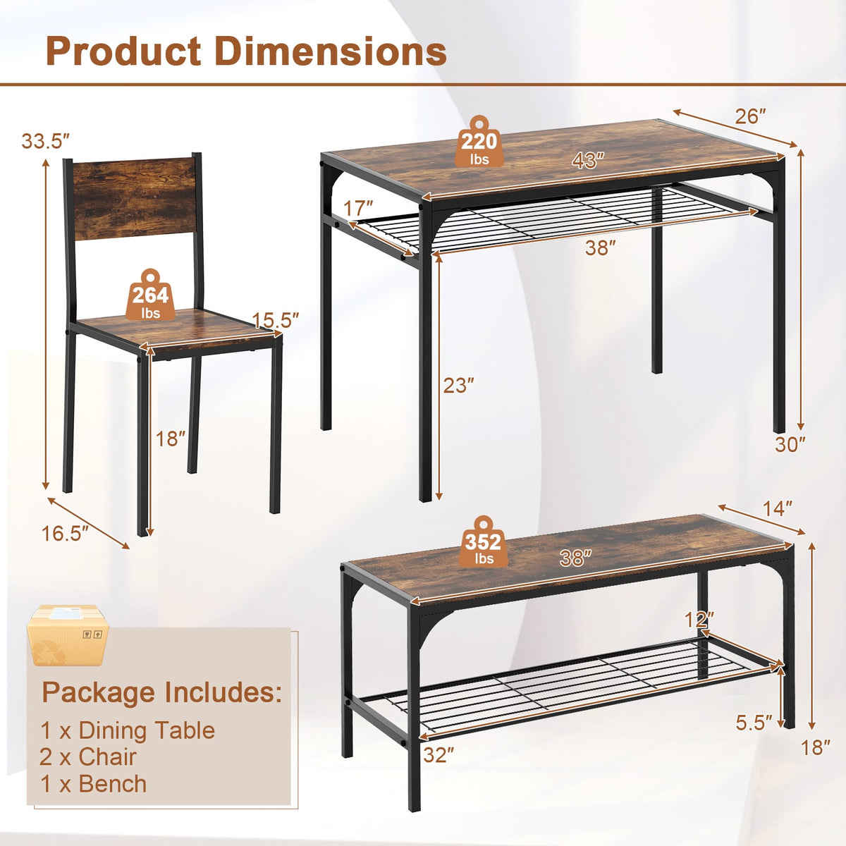 Industrial Style Rectangular Kitchen Table with Bench and Chairs-Rustic Brown-Dining Room Sets-DECOROLALA