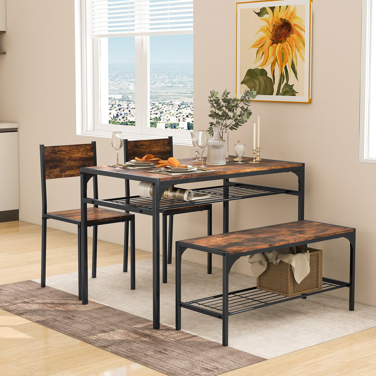 Industrial Style Rectangular Kitchen Table with Bench and Chairs-Rustic Brown-Dining Room Sets-DECOROLALA