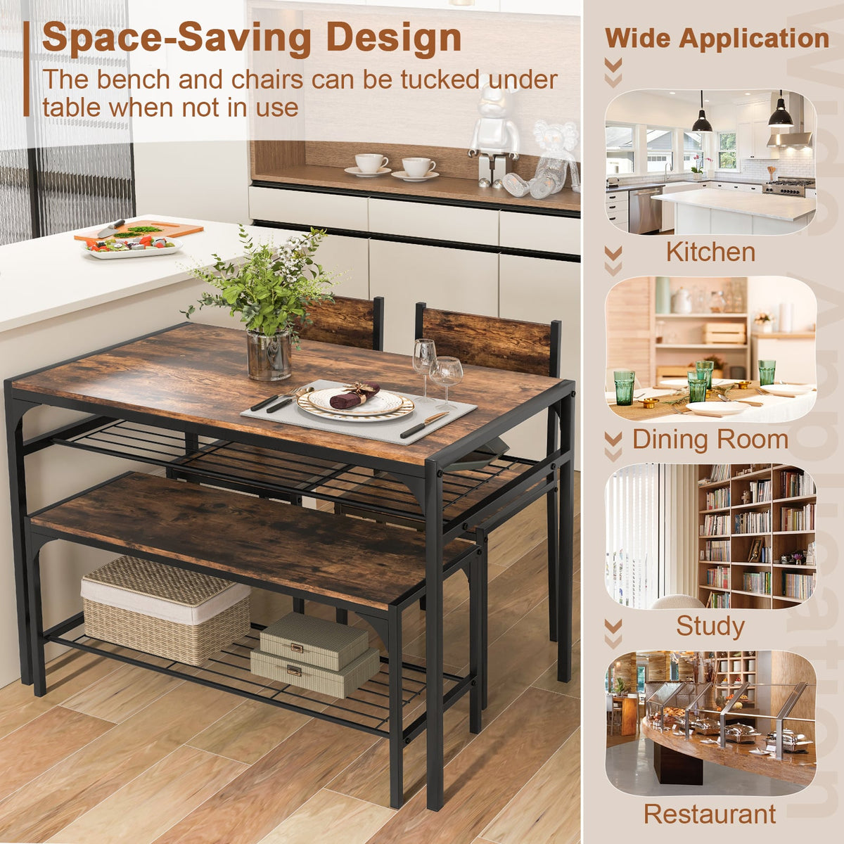 Industrial Style Rectangular Kitchen Table with Bench and Chairs-Rustic Brown-Dining Room Sets-DECOROLALA
