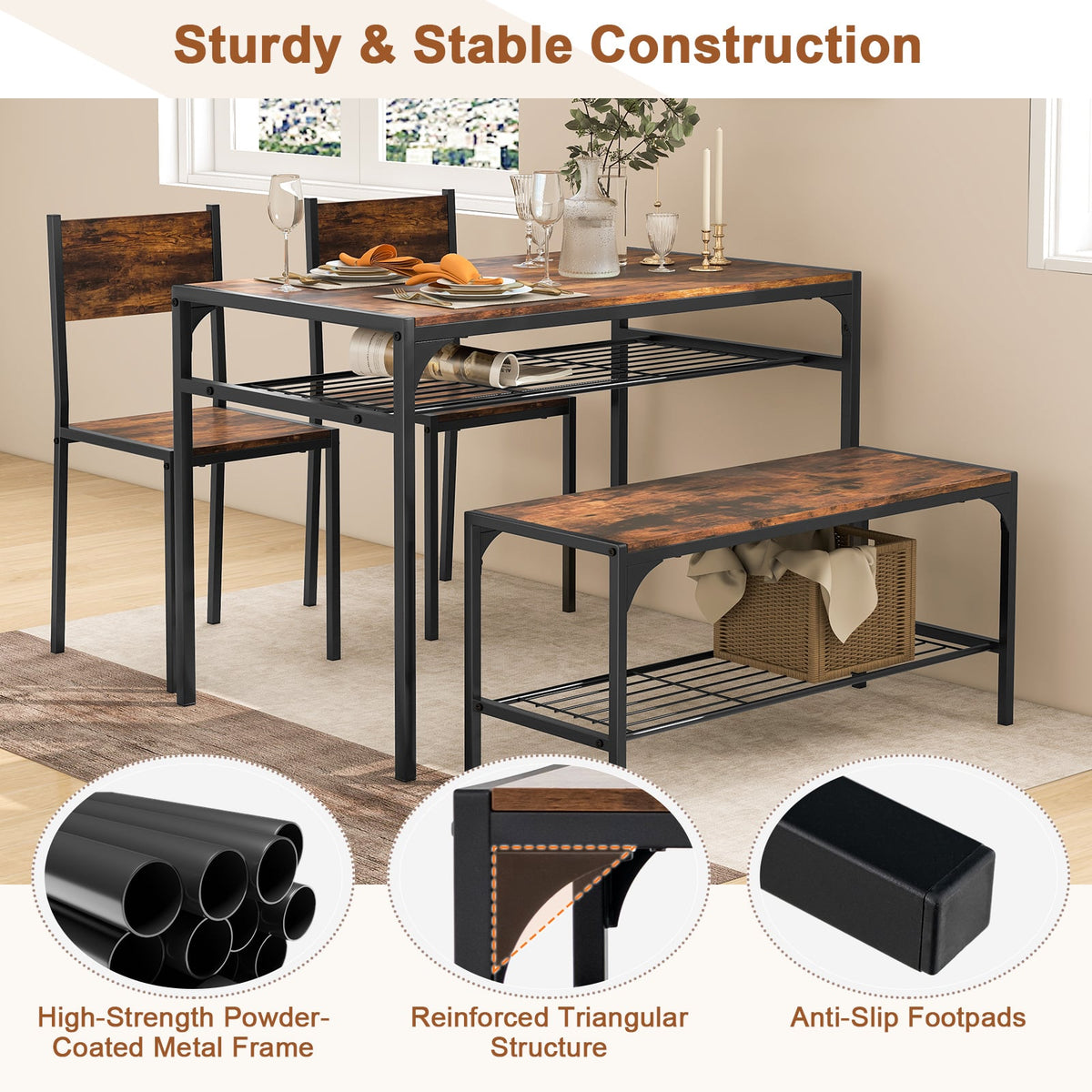 Industrial Style Rectangular Kitchen Table with Bench and Chairs-Rustic Brown-Dining Room Sets-DECOROLALA
