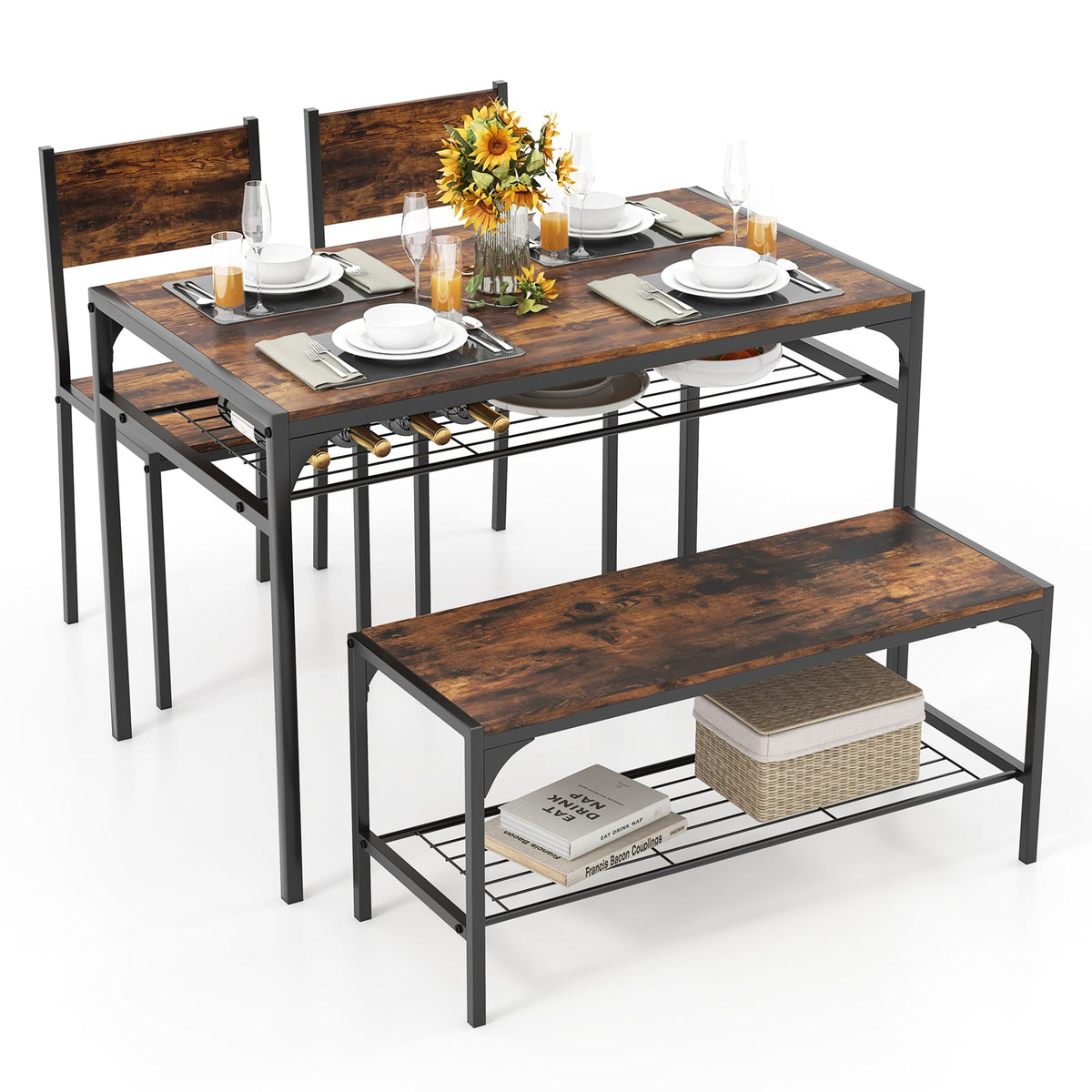 Industrial Style Rectangular Kitchen Table with Bench and Chairs-Rustic Brown-Dining Room Sets-DECOROLALA