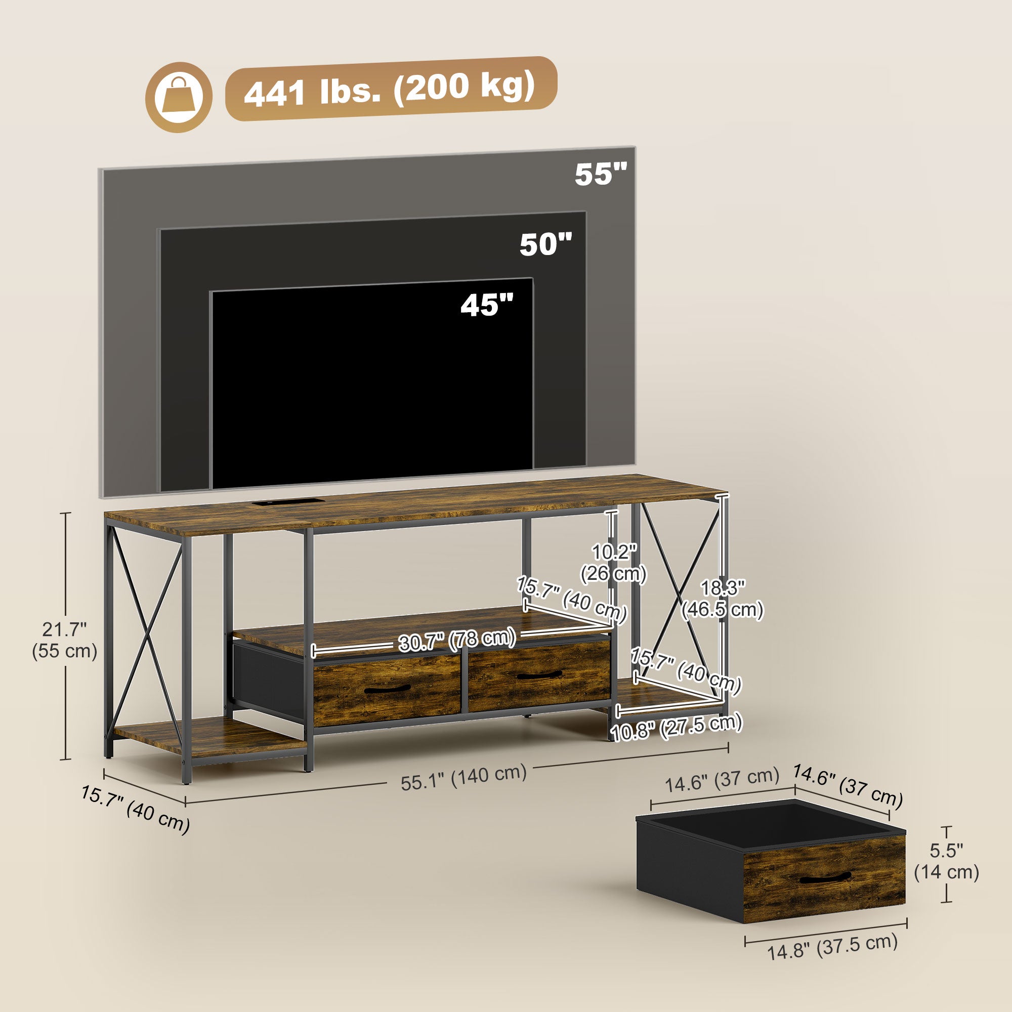 Industrial TV Stand for 55" TV with RGB LED and Charging Station-Home Furnishings > Living Room Furniture > TV¬†Stands-DECOROLALA