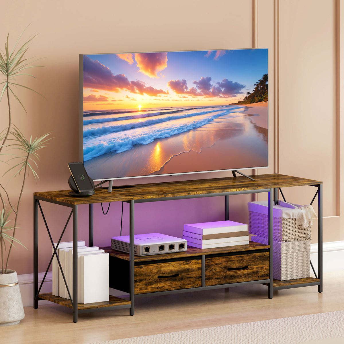 Industrial TV Stand for 55" TV with RGB LED and Charging Station-Home Furnishings > Living Room Furniture > TV¬†Stands-DECOROLALA