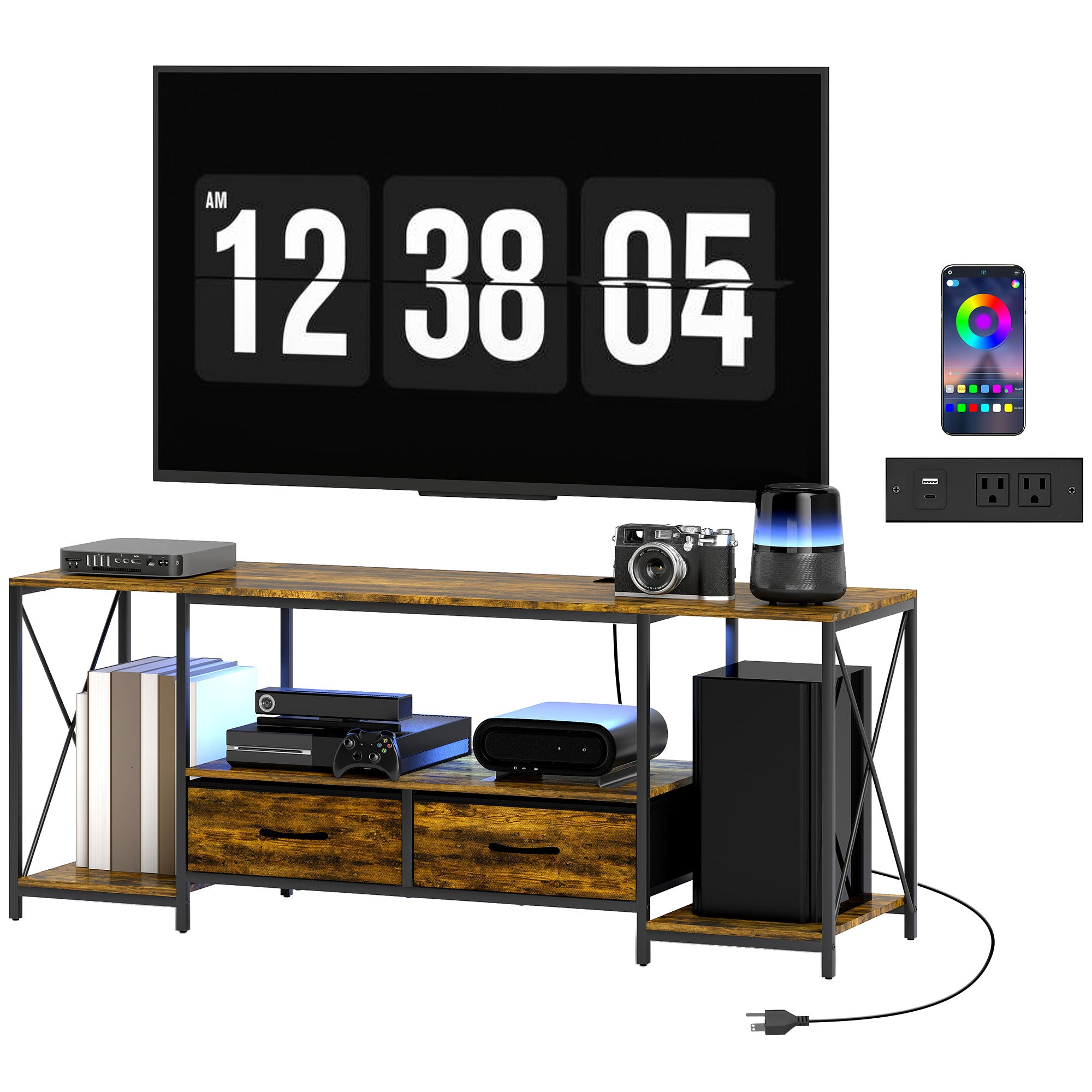 Industrial TV Stand for 55" TV with RGB LED and Charging Station-Home Furnishings > Living Room Furniture > TV¬†Stands-DECOROLALA