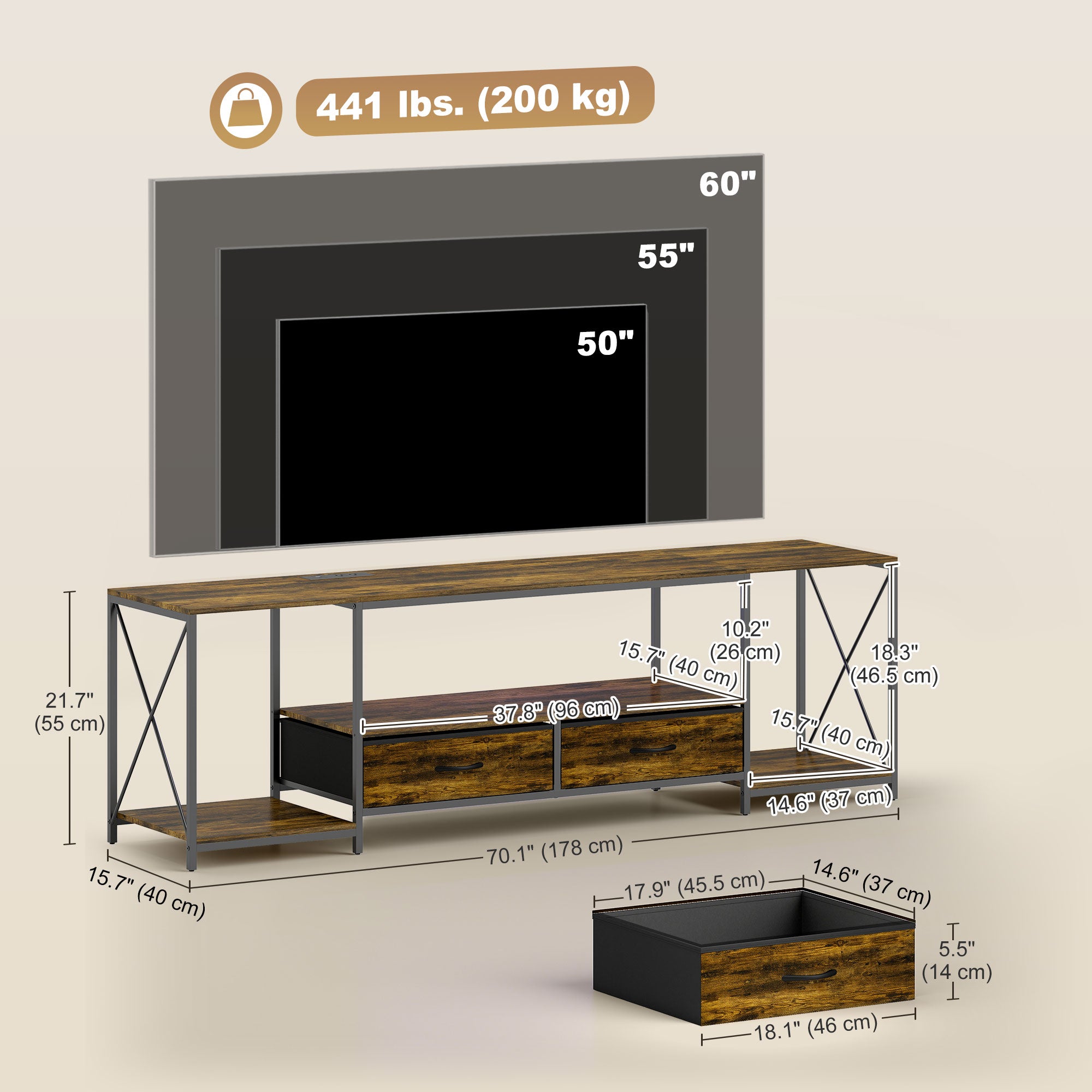 Industrial TV Stand for TVs up to 60" with RGB LED - Brown-Home Furnishings > Living Room Furniture > TV¬†Stands-DECOROLALA