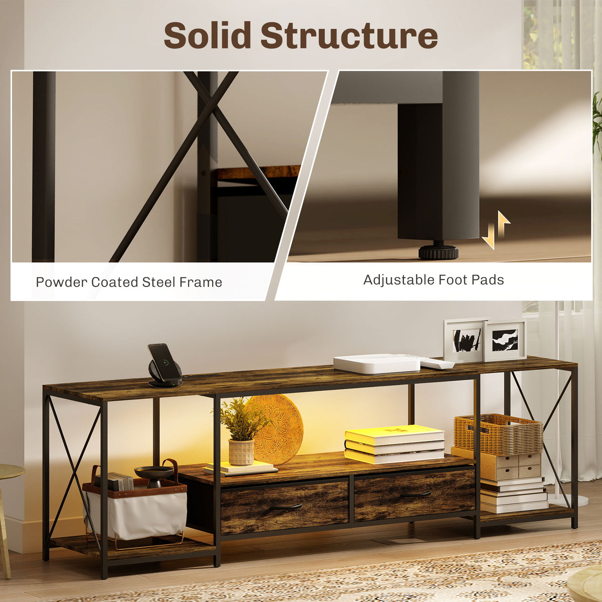 Industrial TV Stand for TVs up to 60" with RGB LED - Brown-Home Furnishings > Living Room Furniture > TV¬†Stands-DECOROLALA