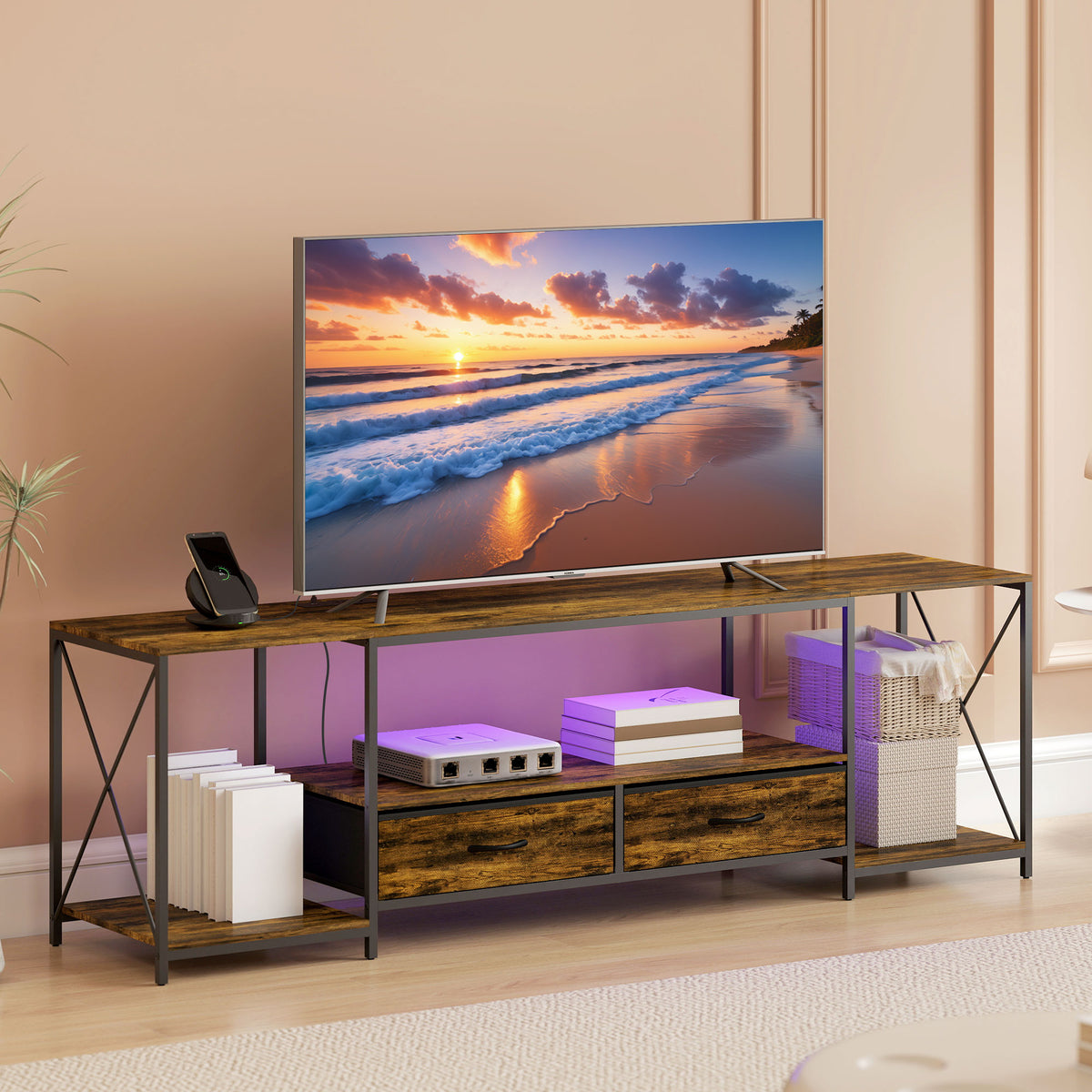 Industrial TV Stand for TVs up to 60" with RGB LED - Brown-Home Furnishings > Living Room Furniture > TV¬†Stands-DECOROLALA