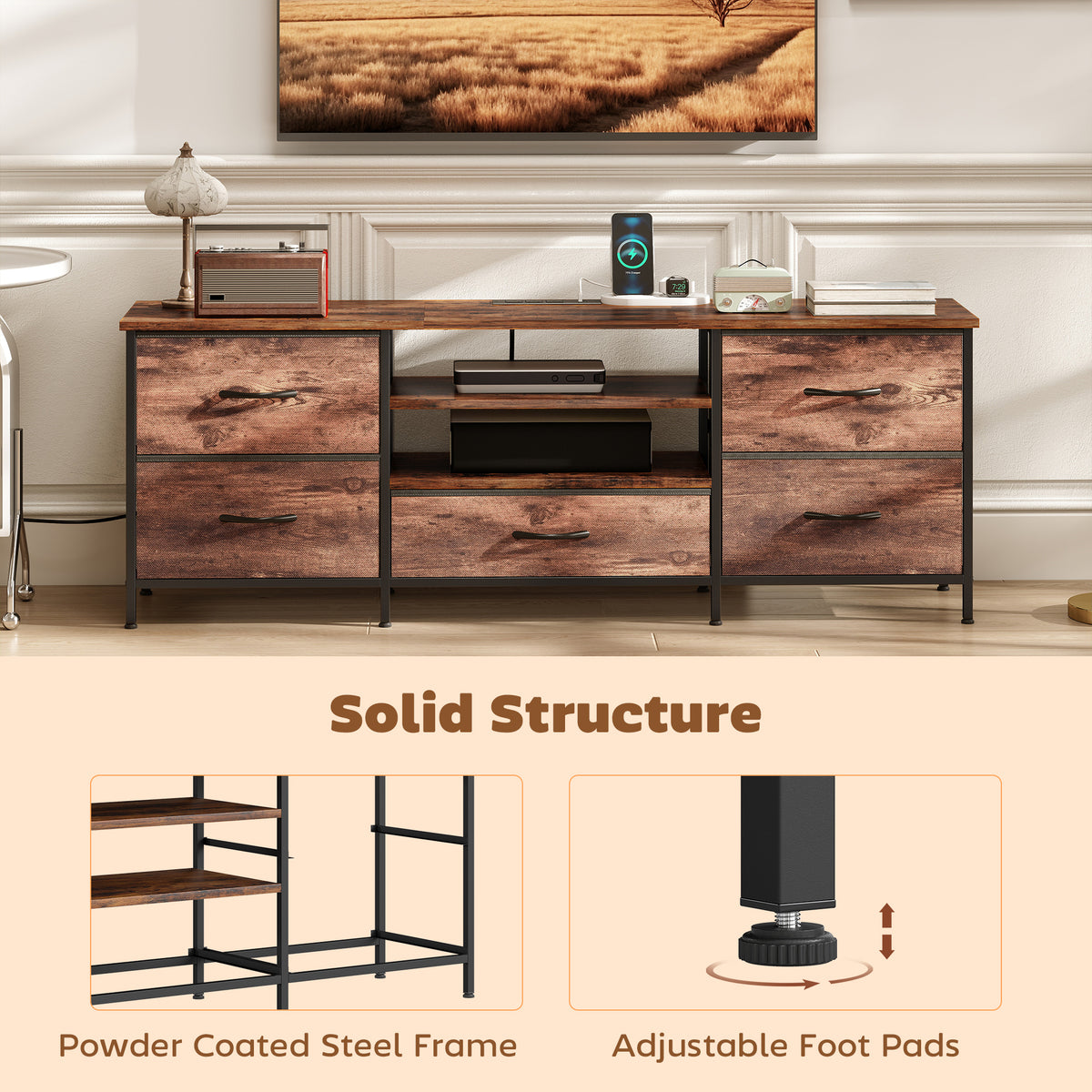 Industrial TV Stand for TVs up to 65" with Charging Station-Home Furnishings > Living Room Furniture > TV¬†Stands-DECOROLALA
