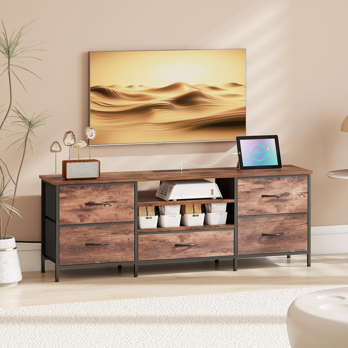 Industrial TV Stand for TVs up to 65" with Charging Station-Home Furnishings > Living Room Furniture > TV¬†Stands-DECOROLALA