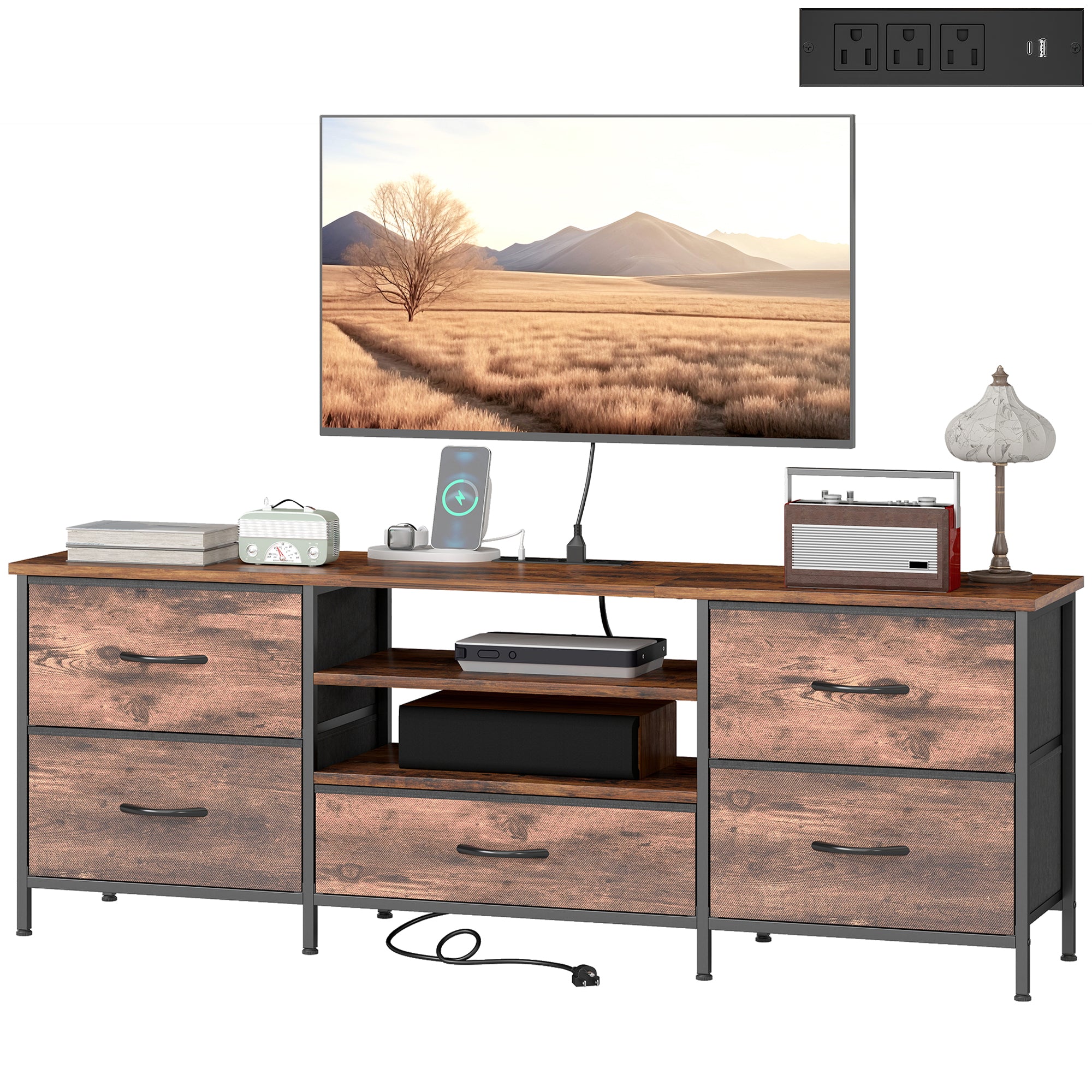 Industrial TV Stand for TVs up to 65" with Charging Station-Home Furnishings > Living Room Furniture > TV¬†Stands-DECOROLALA