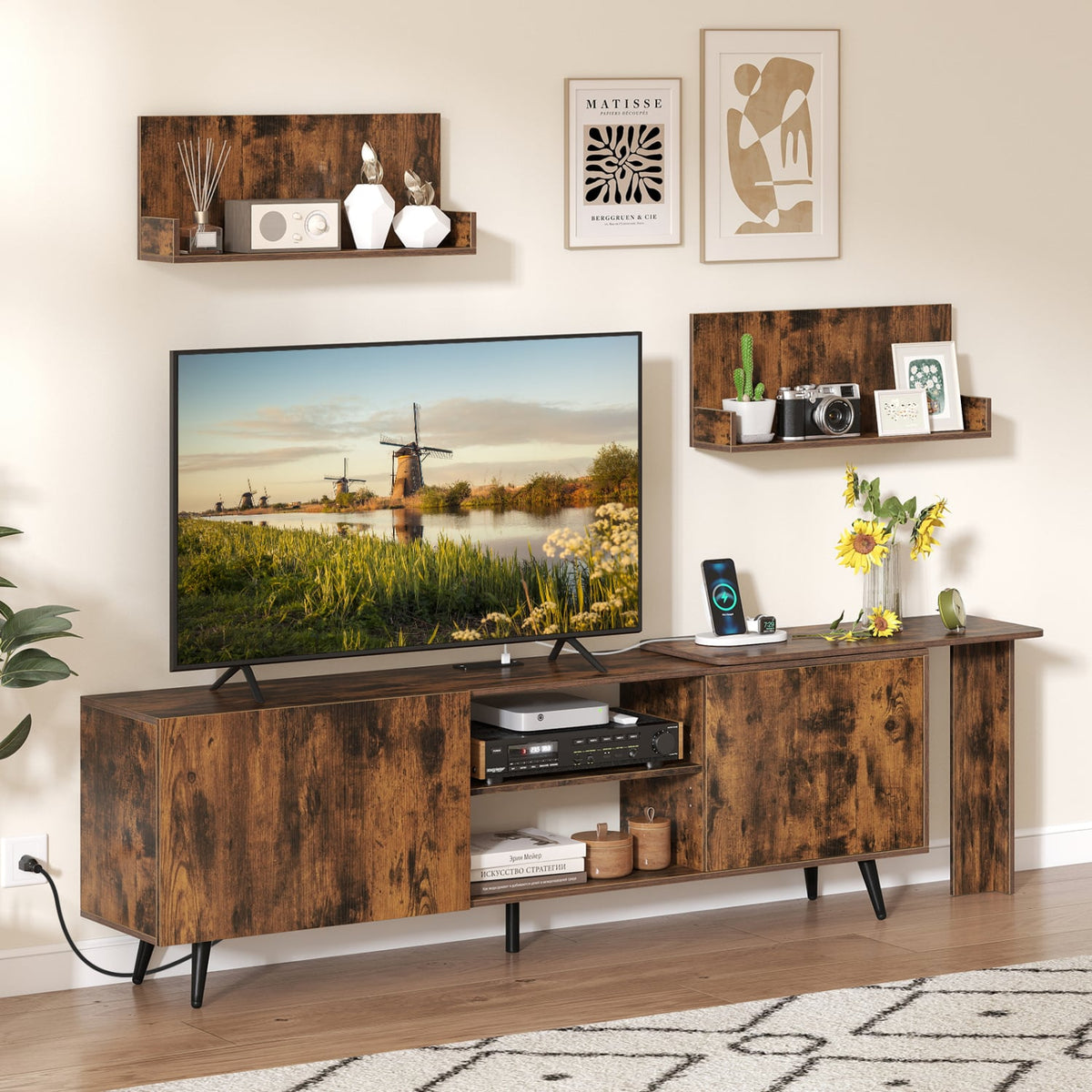 Industrial TV Stand for TVs up to 85" with Wall Shelves - Brown-Entertainment Centers & TV Stands-DECOROLALA