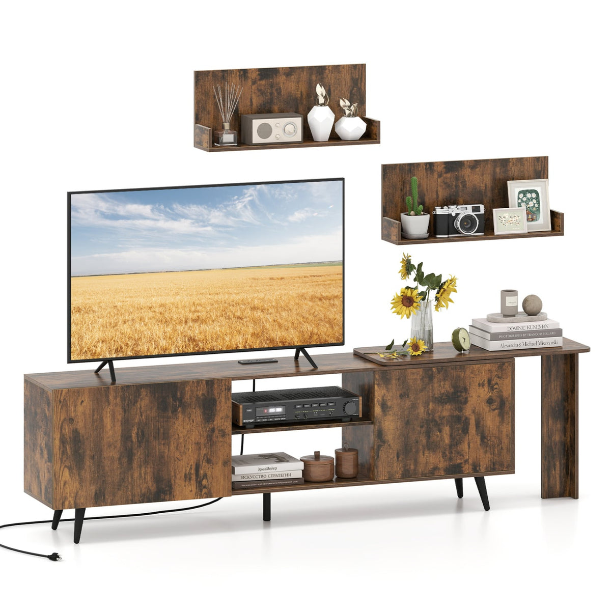 Industrial TV Stand for TVs up to 85" with Wall Shelves - Brown-Entertainment Centers & TV Stands-DECOROLALA