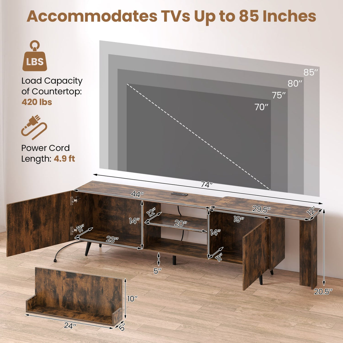 Industrial TV Stand for TVs up to 85" with Wall Shelves - Brown-Entertainment Centers & TV Stands-DECOROLALA